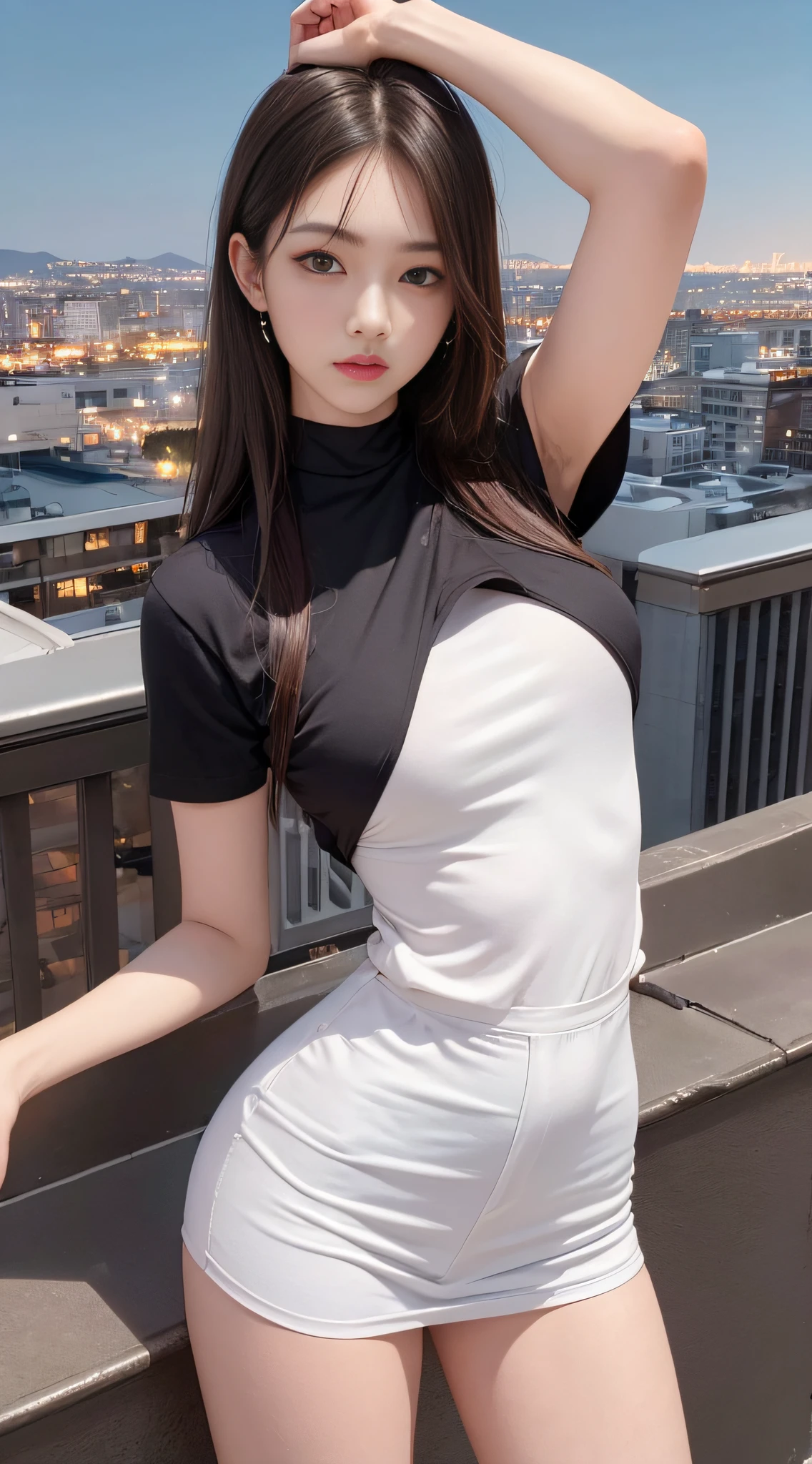 ((Midnight, Best quality, 8k, Masterpiece :1.3)), Whole body, Long legs, Sharp focus :1.2, A pretty woman with perfect figure :1.4, Slender abs :1.1, ((Dark brown hair, Big breasts :1.2)), (White tight tshirt, Jean bib, Standing:1.2), ((Night city view, Rooftop:1.3)), Highly detailed face and skin texture, Detailed eyes, Double eyelid