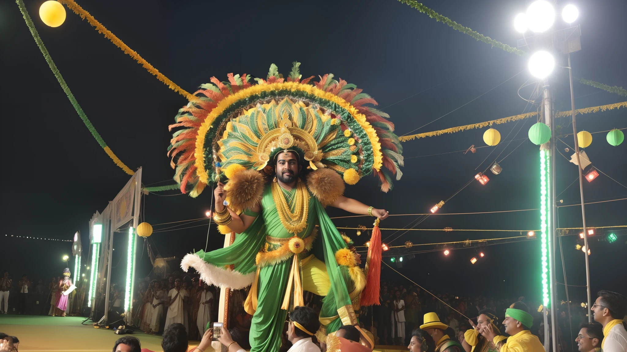 araffe dressed in green and yellow with a large headdress, elaborate costume, an exhausted deity, elaborately costumed, narasimha, gorgeous and huge head ornaments, costume, people enjoying the show, absolutely outstanding image, festival, everyone having fun, photo taken in 2 0 2 0, competition winning, photo from a spectator, highlight, attractive male deity