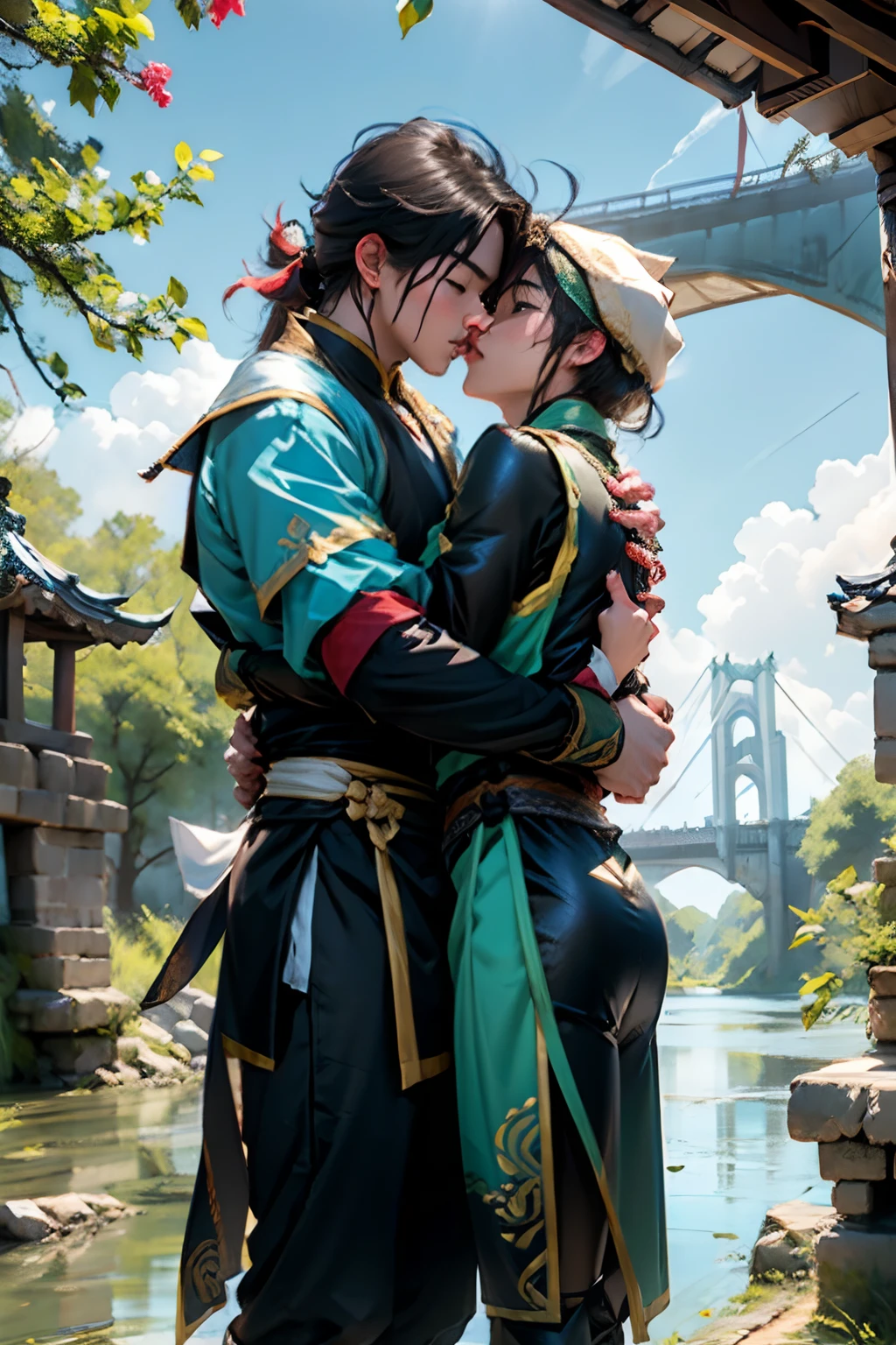 Ah Dou hugged Zhao Yun,Kiss him by the bridge,Both were boys,All virilization