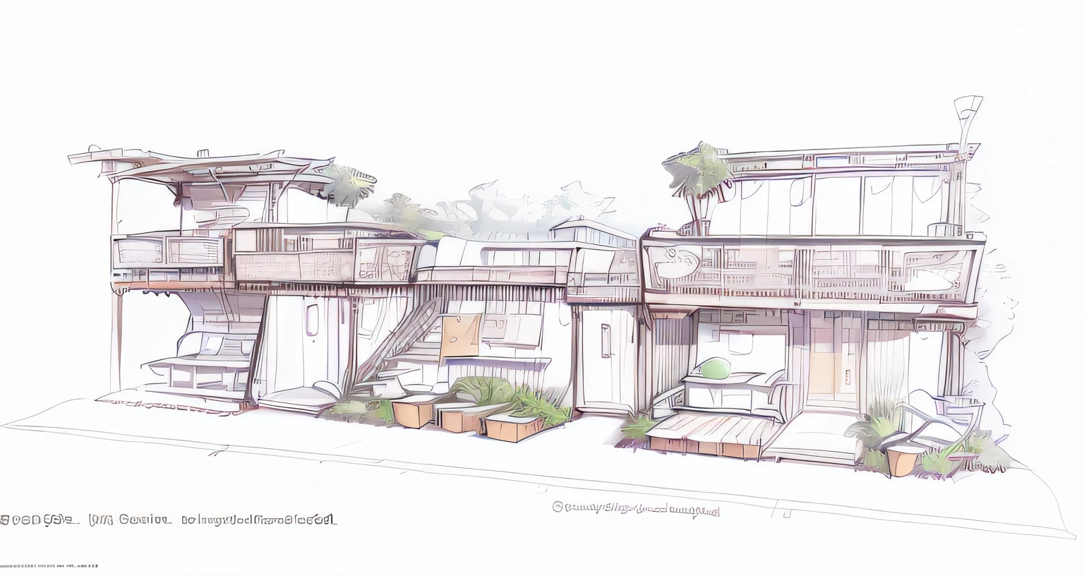 In the forest，Containers with balconies and terraces, conceptual rendering, detailed renderings,