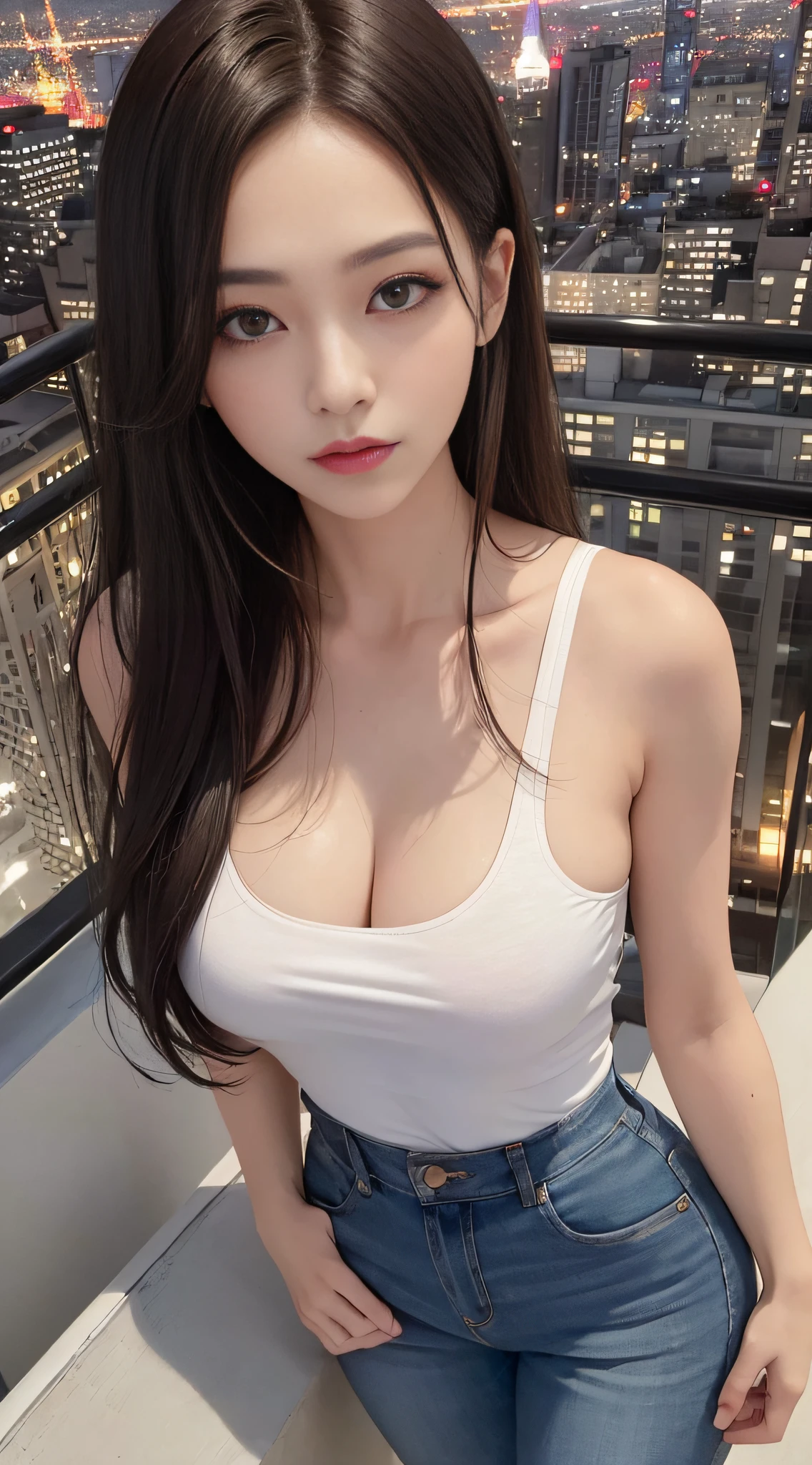 (Best Quality, 8K, masutepiece, Ultra HD: 1.3), 1girl in, small tits ,light brown hair, Blunt bangs, hair behind ear, hair over shoulder, Long hair,  slender body shape, Ultra Fine Face, Delicate lips, Beautiful eyes, Double eyelids, lipsticks, thin blush ,Black eyes ,perfect glossy skin,flawless skin　fair white skin ,Glistening sweat,A gaze that captivates you, Fine cleavage,Ultra-thin hands, Ultra-fine fingers, shirt with collar, tight skirts , beauty legs ,Low Heels. outside of house、In the middle of a date