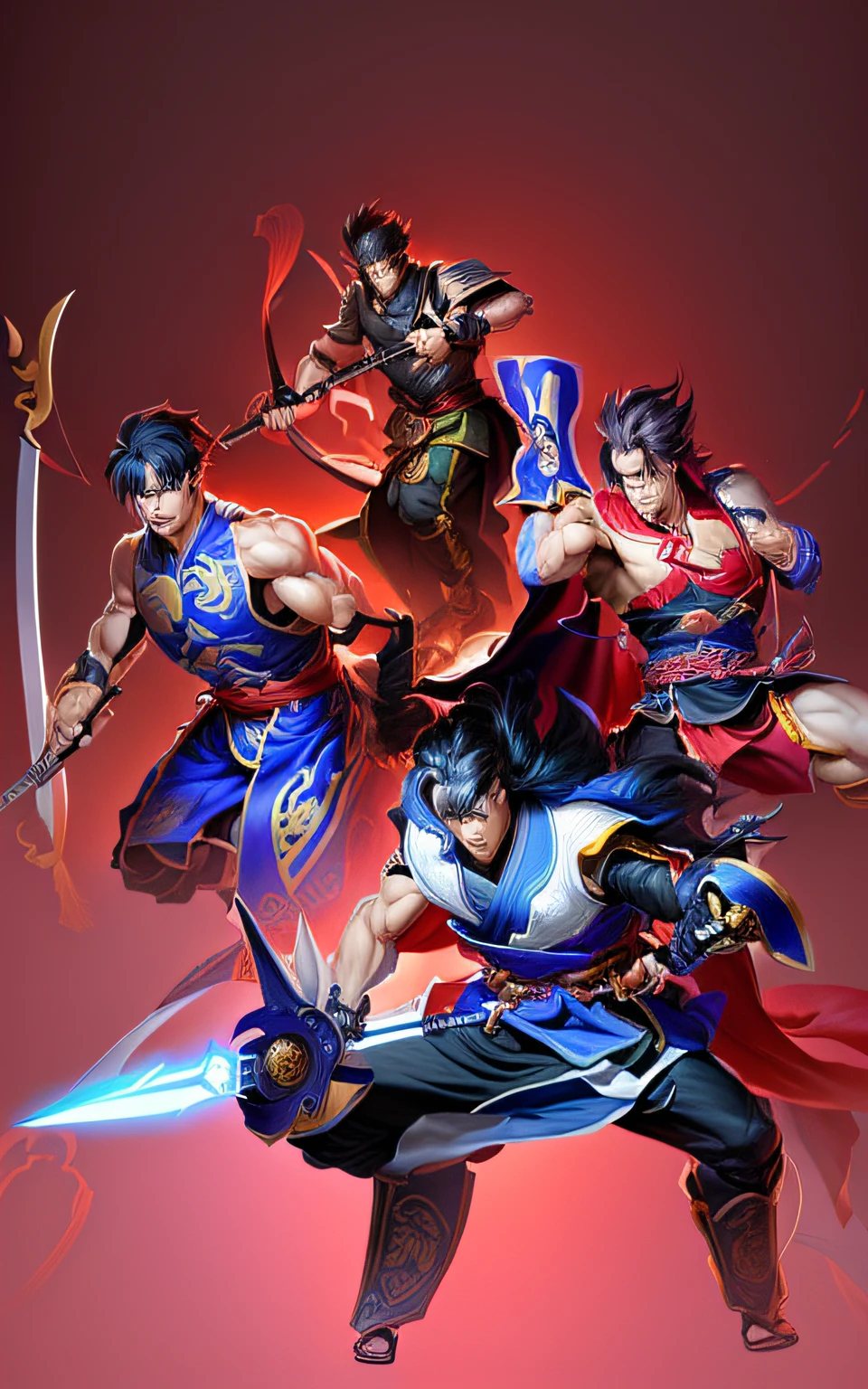 Many Three Kingdoms characters, Warring states , ninja scroll anime style, warriors fan art, hero 2 d fanart artsation, official fanart, Fan art, video game fanart, league of legends style art, ninjartist, Inspired by Masamune Shirow, full art illustration, High-quality fanart，Three Kingdoms Character Image，Muscular macho，Fang Tian drew a halberd，Liu Guanzhang