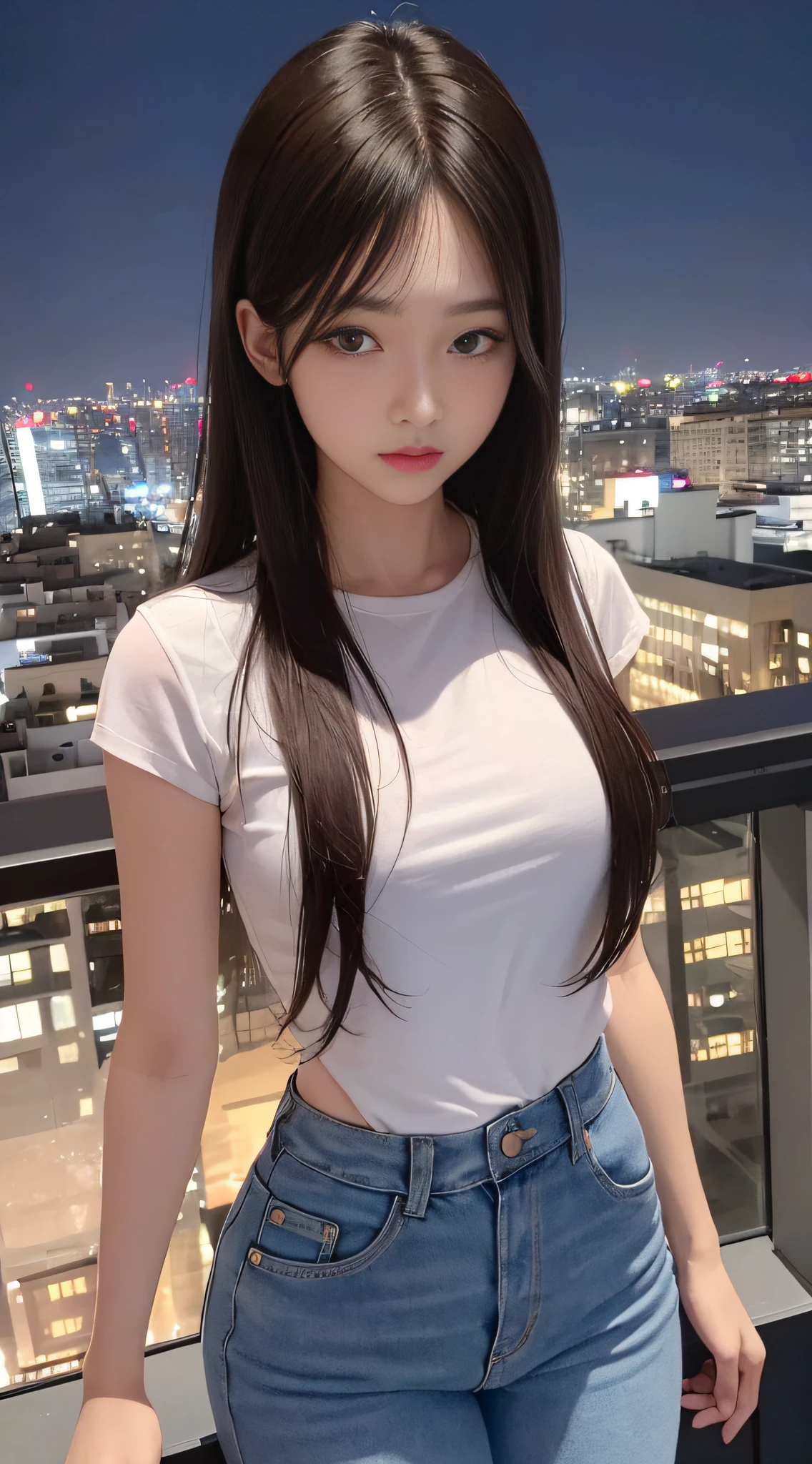 ((Midnight, Best quality, 8k, Masterpiece :1.3)), Whole body, Long legs, Sharp focus :1.2, A pretty woman with perfect figure :1.4, Slender abs :1.1, ((Dark brown hair, Big breasts :1.2)), (White tight tshirt, Jean bib, Standing:1.2), ((Night city view, Rooftop:1.3)), Highly detailed face and skin texture, Detailed eyes, Double eyelid