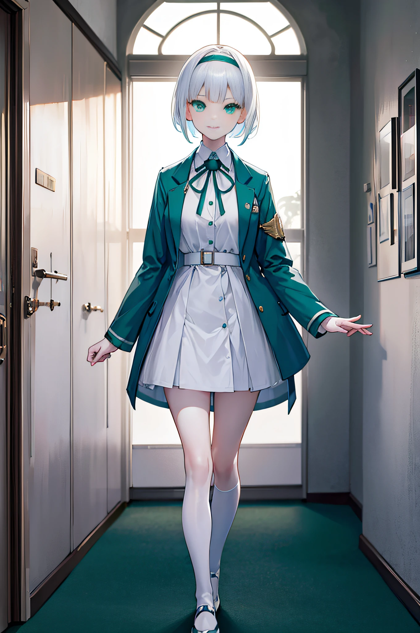 (Best quality, high resolution, Ultra-detailed, Photorealistic:1.2), A girl with pale hair with blunt bangs, Short hair, face round, Wearing a headband, (Green eyes), and smiling expressions, Medium-sized breasts, in a white shirt, blue jacket, Light yellow shoes, and white stockings, Stand in the spacious hallway. Cinematic lighting, high resolution, 1080p