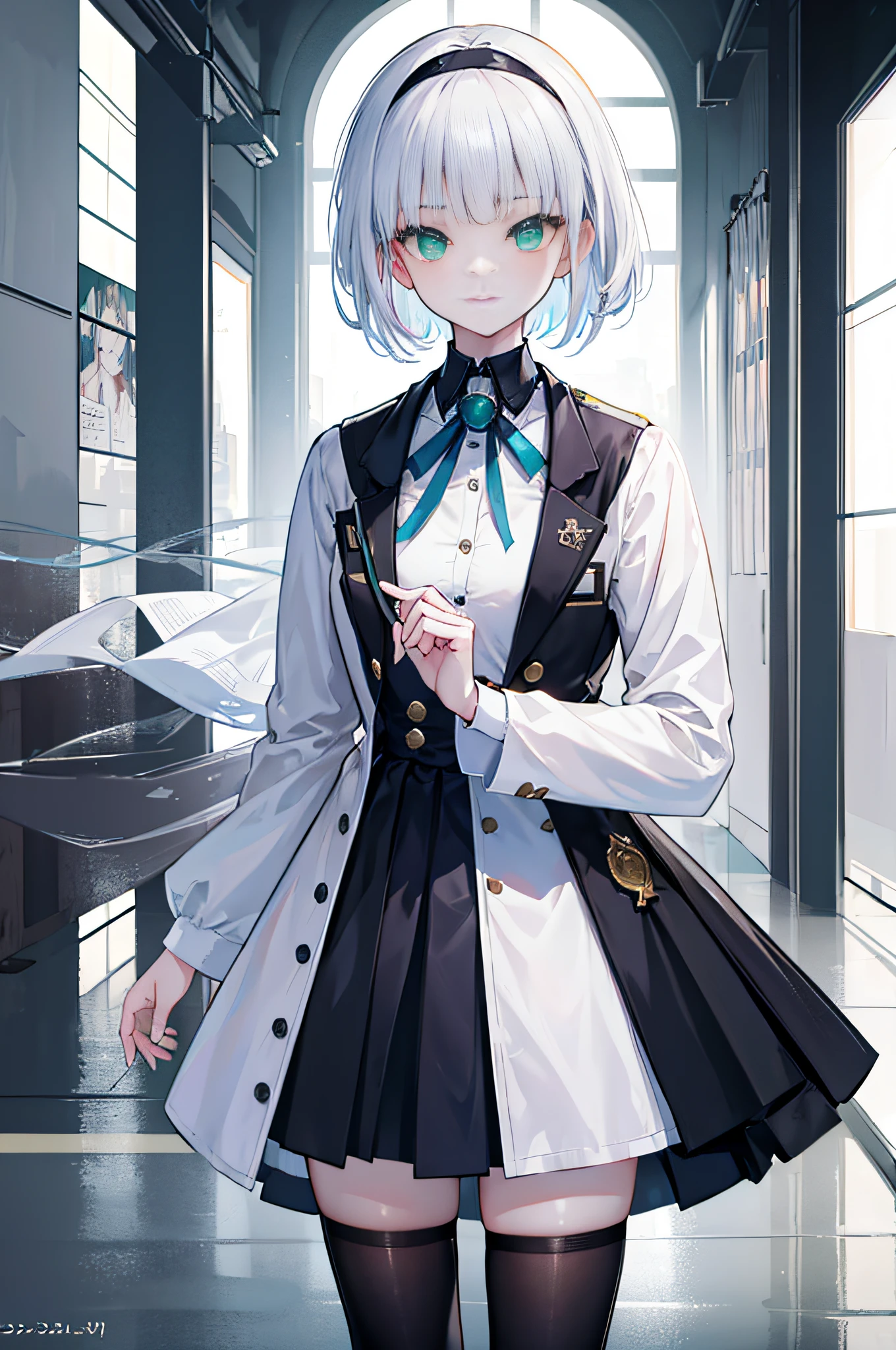 (best quality,4k,ultra-detailed,photorealistic:1.2), a girl with pale hair and blunt bangs, short hair, round face, wearing a black headband, (green eyes), and a smiling expression, medium-sized breasts, dressed in a white shirt, blue jacket, light yellow shoes, and white stockings, standing in a spacious corridor. Cinematic lighting, high resolution, 1080 points.