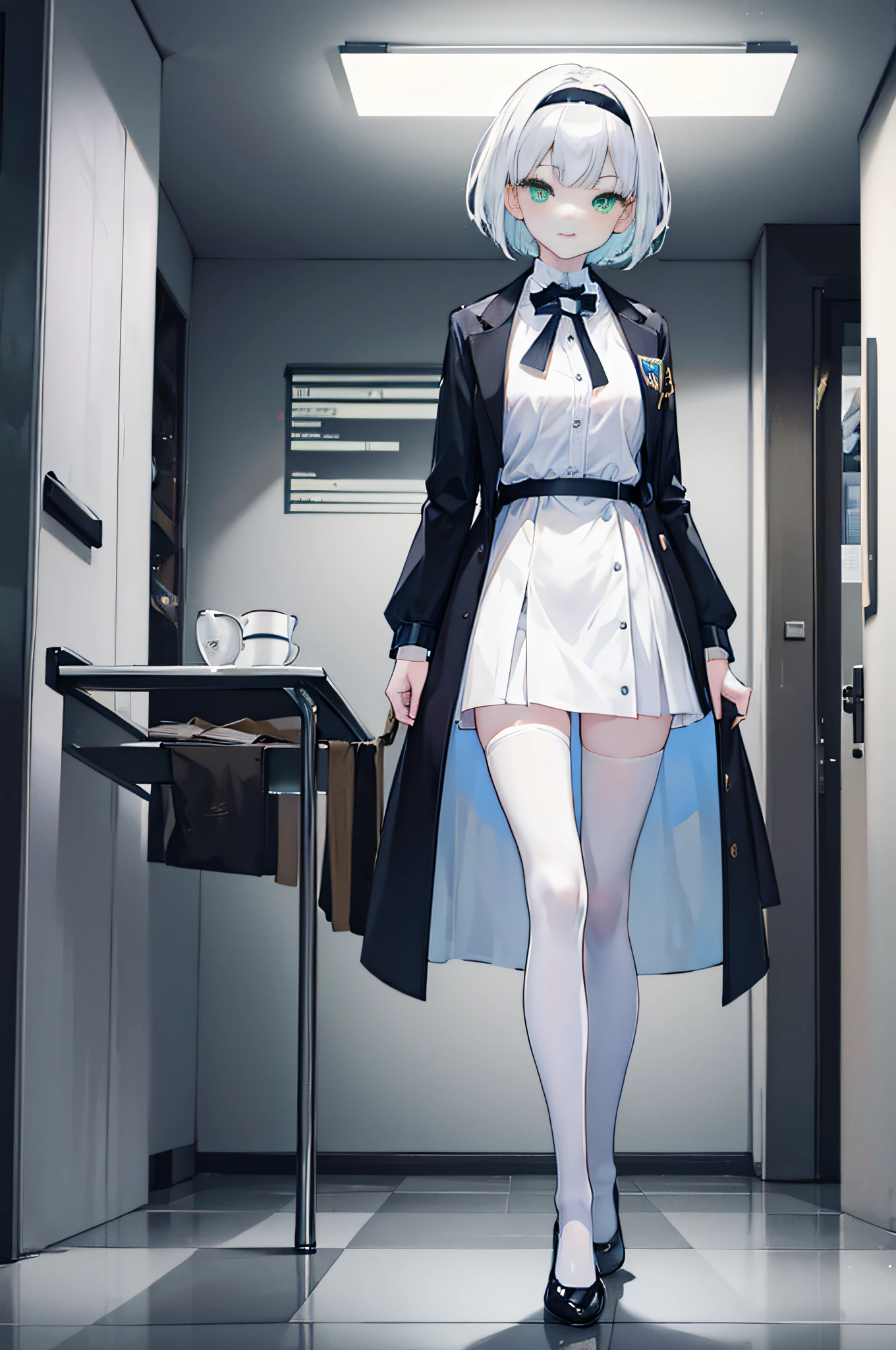 (best quality,4k,ultra-detailed,photorealistic:1.2), a girl with pale hair and blunt bangs, short hair, round face, wearing a black headband, (green eyes), and a smiling expression, medium-sized breasts, dressed in a white shirt, blue jacket, light yellow shoes, and white stockings, standing in a spacious corridor. Cinematic lighting, high resolution, 1080 points.