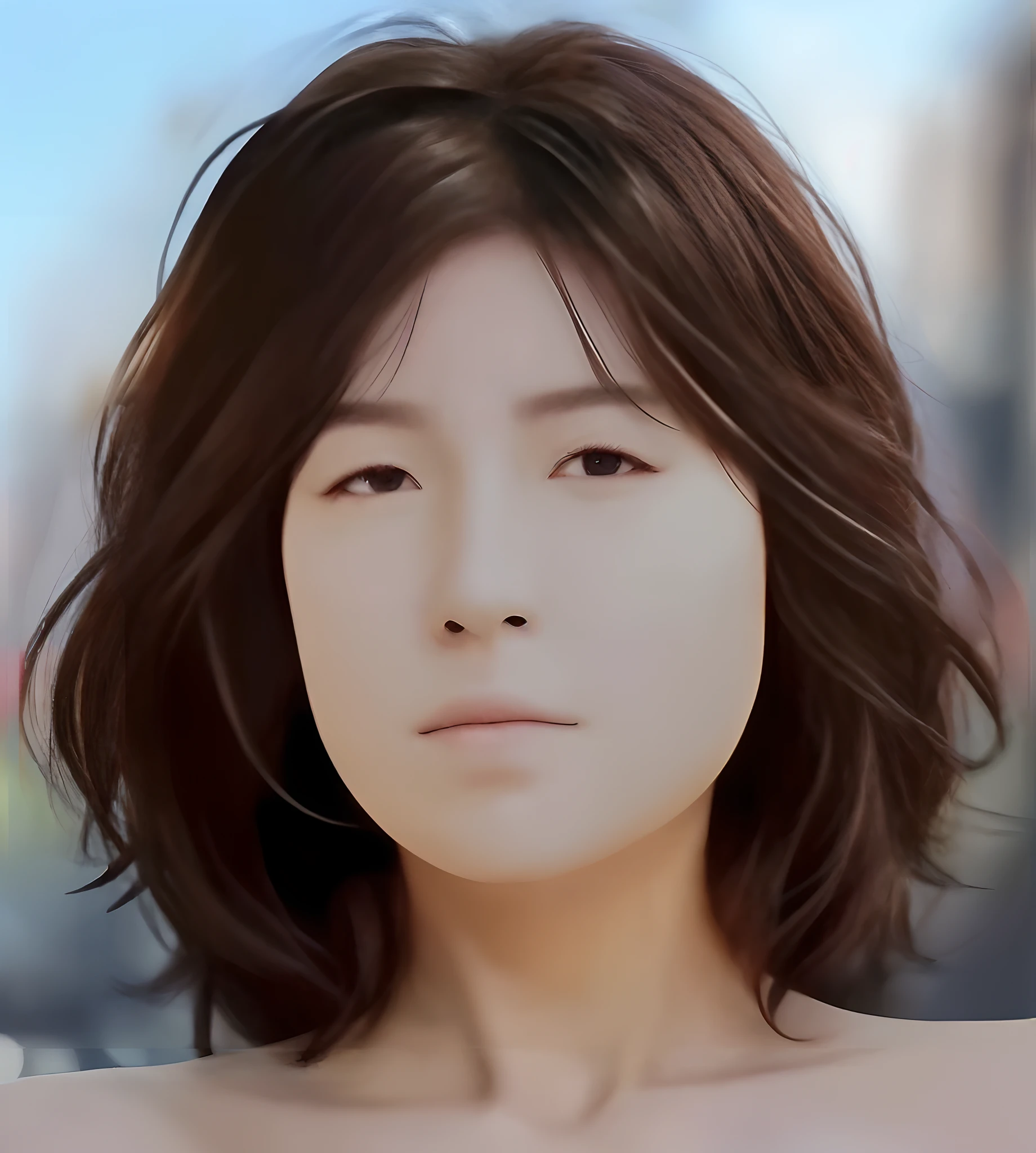 Top image quality、Skin Texture、Realisticity、One Most Beautiful Woman、(((nudde)))、(((barechested)))、No Underwear、pores、high detailed skin texture、Nipple brown 、Detailed texture of the chest 、adult lady、small tits、(((very small udder)))、In the city during the day、Small breast size