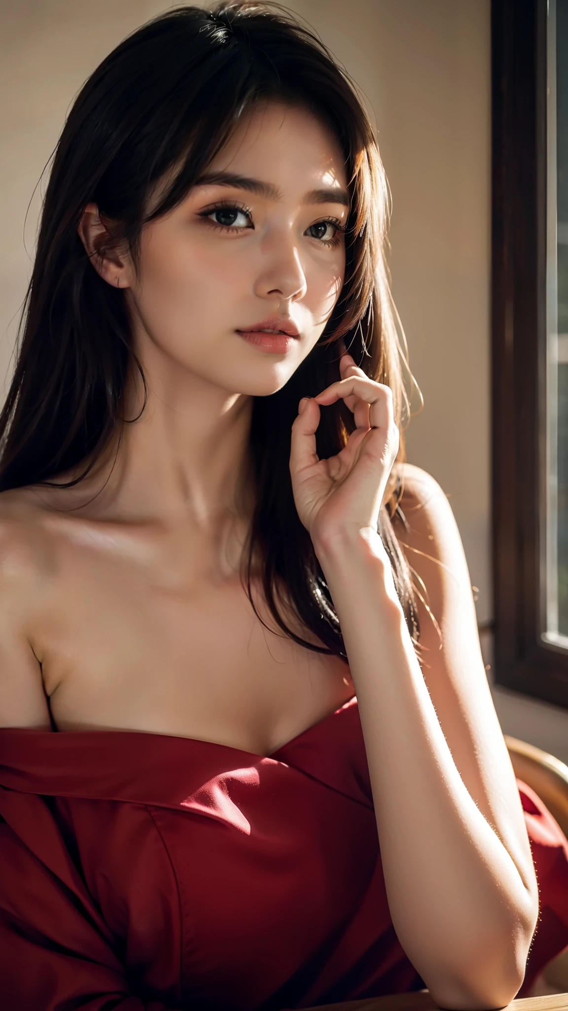 Ace, 4k, High Resolution, Masterpiece, Best Quality, Head: 1.3, (Korean K-pop Idol), Delicate Skin, Sharp Focus, (Cinema Lighting), Clavicle, Morning, Soft Light, Dynamic Angle, [:(detailed face:1.2):0.2], armpit wrinkles, thigh gap, red dress, slim, mid-chest, cleavage, full body,