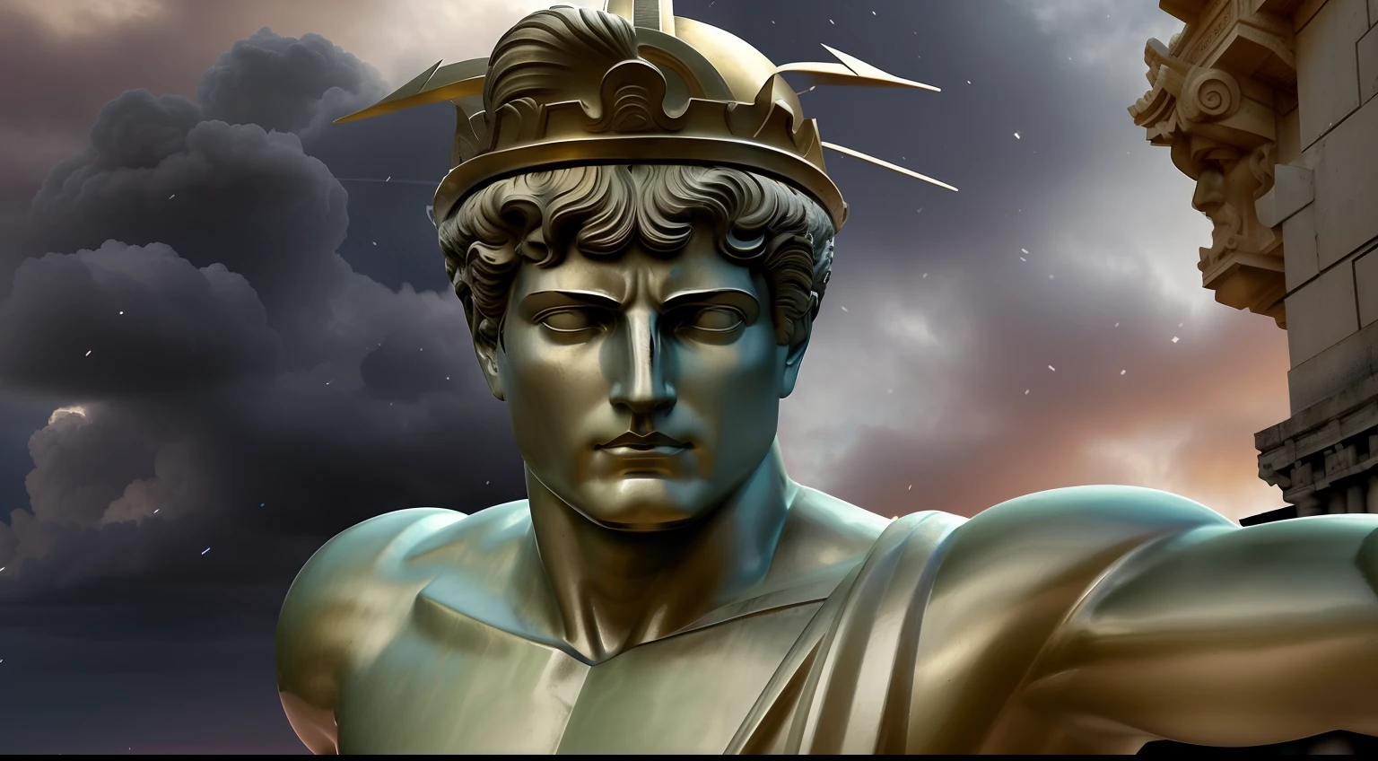 there is a statue of a man with a helmet on, greek god, the god hermes, colossus of rhodes, the greek god, olympian god, artemis, the colossus of rhodes, the goddess hera looking angry, elon musk as a greek god, statue of zeus, baroque vaporwave statue, greek statue, furious god zeus, greek myth digital painting, demigod