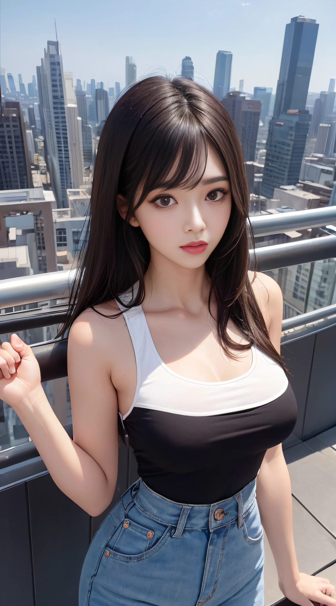 ((Midnight, Best quality, 8k, Masterpiece :1.3)), Whole body, Long legs, Sharp focus :1.2, A pretty woman with perfect figure :1.4, Slender abs :1.1, ((Dark brown hair, Big breasts :1.2)), (White tight tshirt, Jean bib, Standing:1.2), ((Night city view, Rooftop:1.3)), Highly detailed face and skin texture, Detailed eyes, Double eyelid