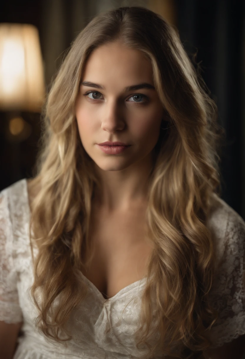 (Best quality,Realistic:1.2), girl, Long hair, Breasts, direct eye contact, Blonde hair, full bodyesbian, no lingerie, Detailed lips, realistic nose, flirting with the camera