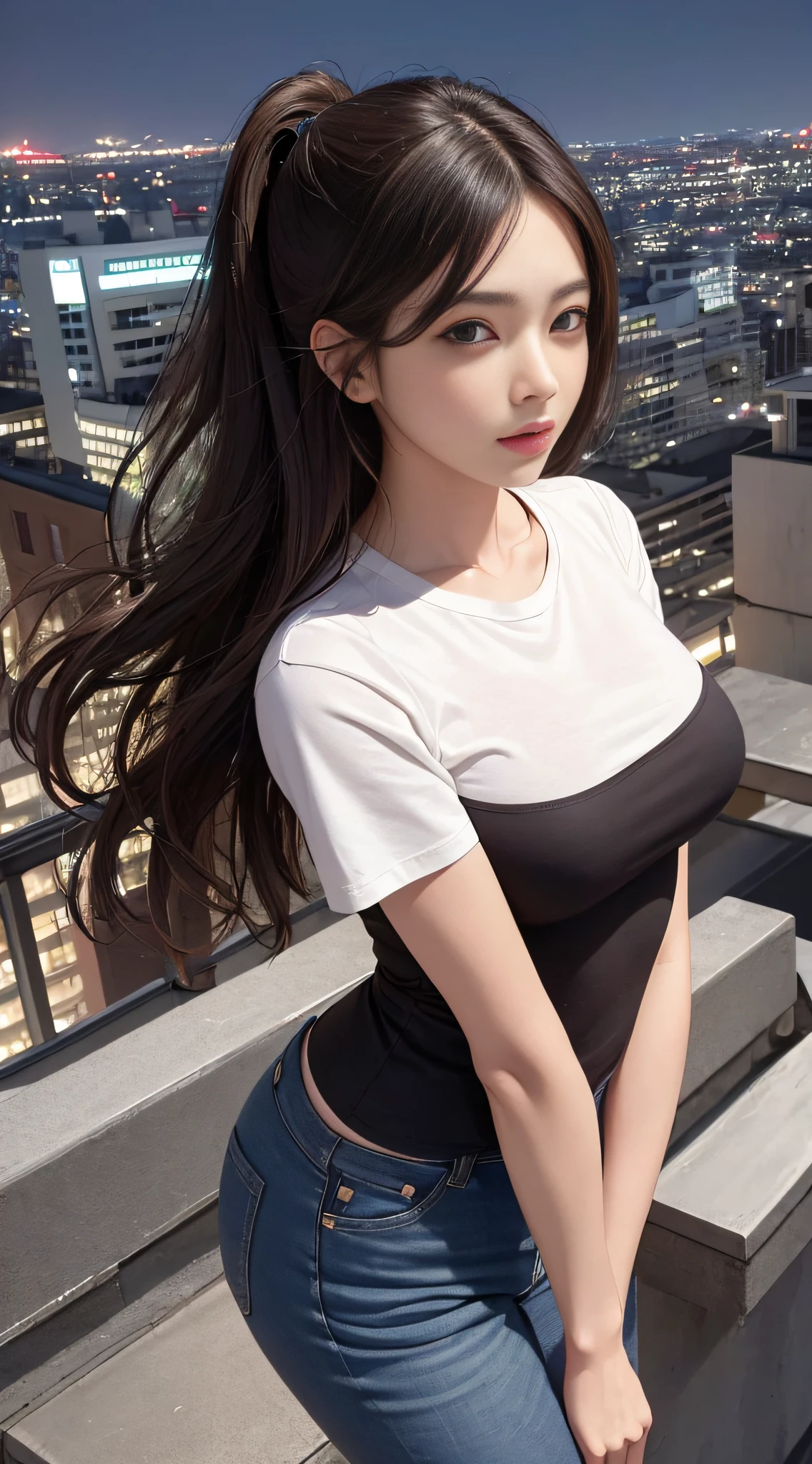 ((Midnight, Best quality, 8k, Masterpiece :1.3)), Whole body, Long legs, Sharp focus :1.2, A pretty woman with perfect figure :1.4, Slender abs :1.1, ((Dark brown hair, Big breasts :1.2)), (White tight tshirt, Jean bib, Standing:1.2), ((Night city view, Rooftop:1.3)), Highly detailed face and skin texture, Detailed eyes, Double eyelid