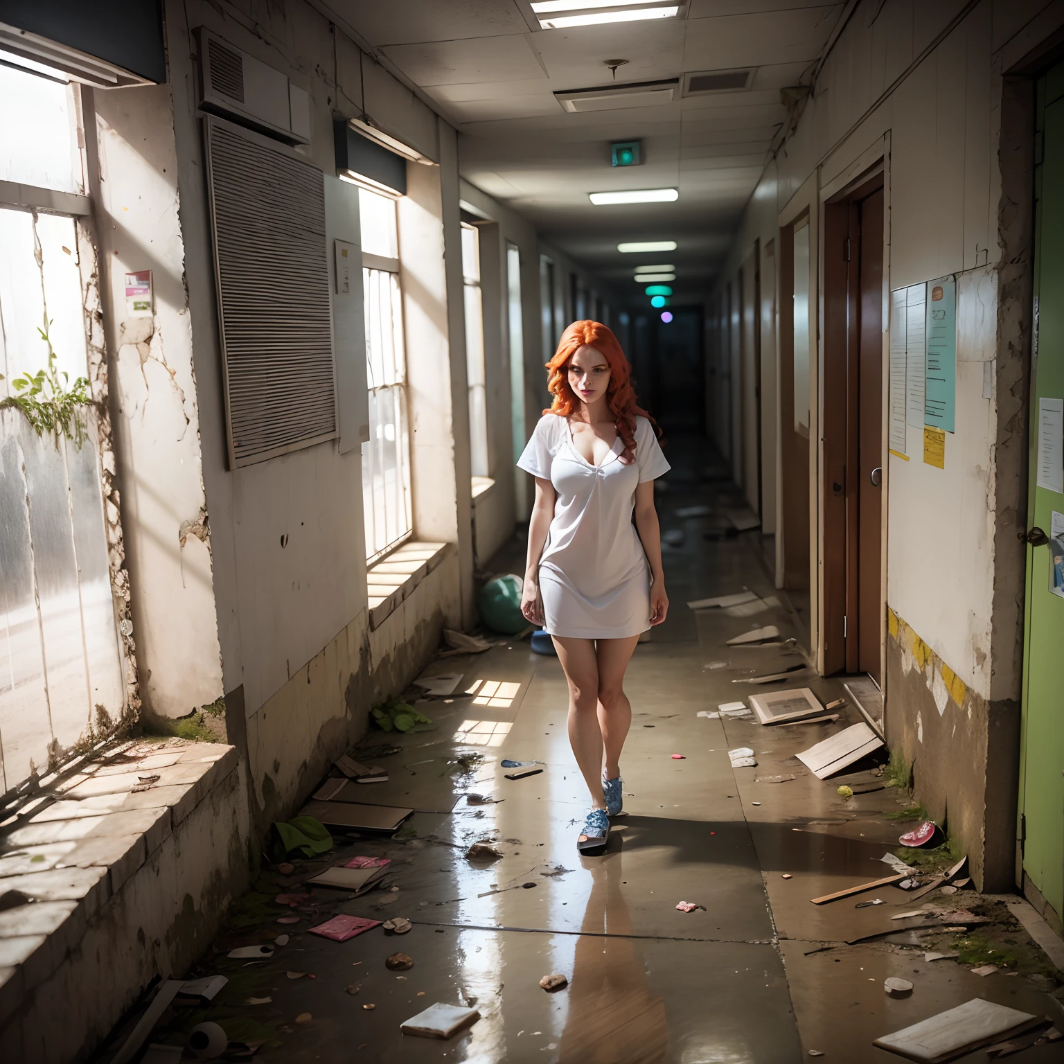 mulher, ruiva, triste, sitting in the center of an abandoned room of a psychiatric hospital