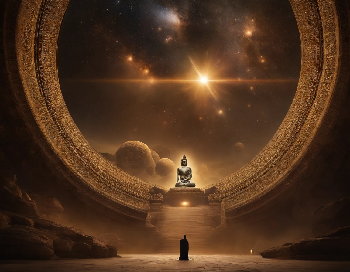 Interstellar,Endless space,The huge Maitreya Buddha statue rushed towards the huge space-time tunnel,ssee-through,depth of fields,((Masterpiece)),(Best quality)),Magnificent space image scene,surrealism, Super detail, ccurate, Best quality, hyper HD, Masterpiece, Anatomically correct, A high resolution, 16k