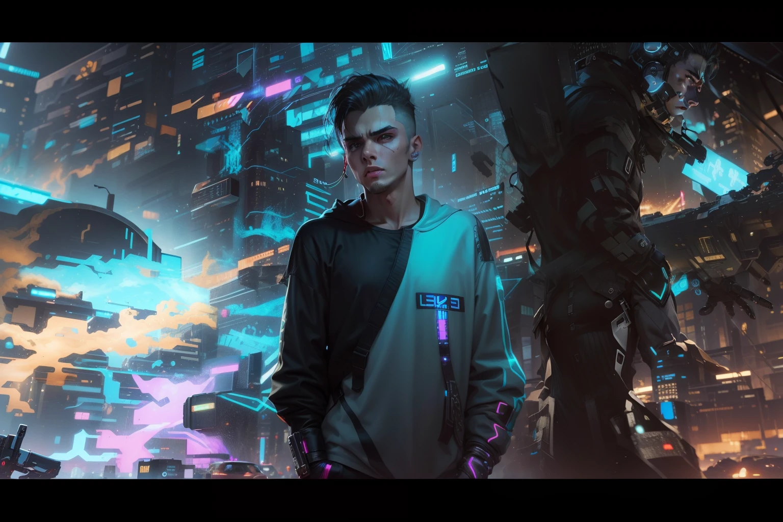 Change background cyber punk handsome boy, realistic face, 8k ultra realistic ๐๐๐๐๐ ๐๐๐๐๐๐๐๐ ๐๐๐,
