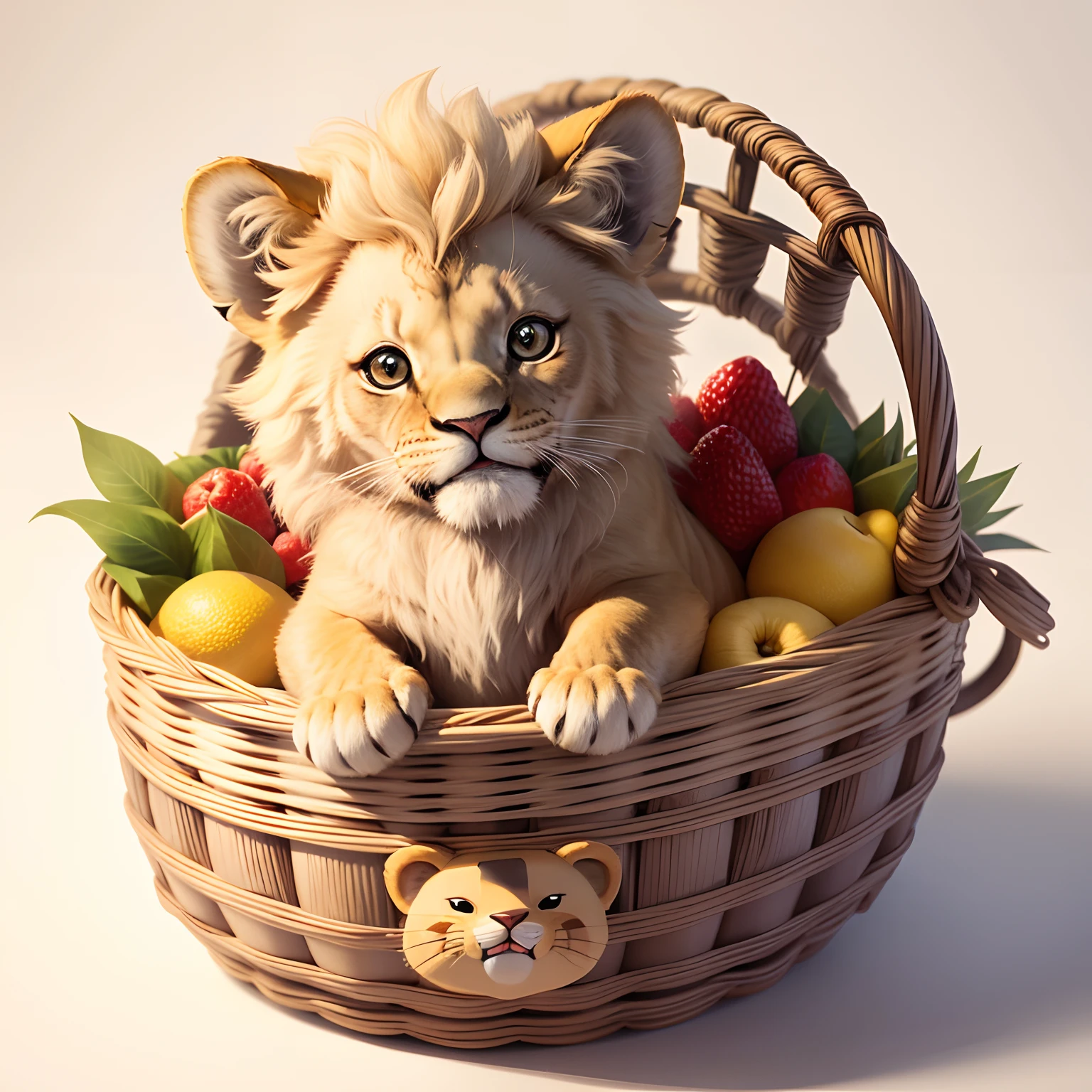 A cartoon character animal of baby lion in cute face, cute smile, with a basket of fruits, 8k, printable, white background --auto