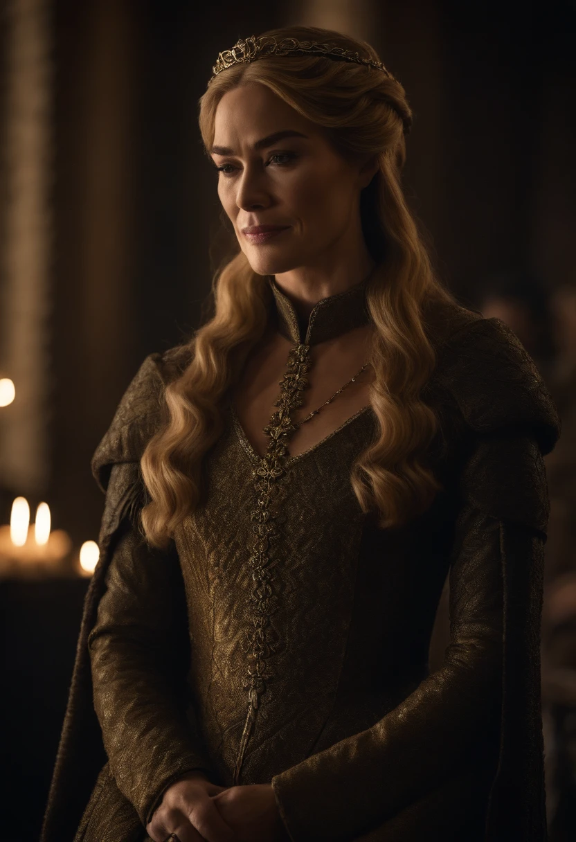 Cersei Lannister santada, olhando para frente e conversando com o observador