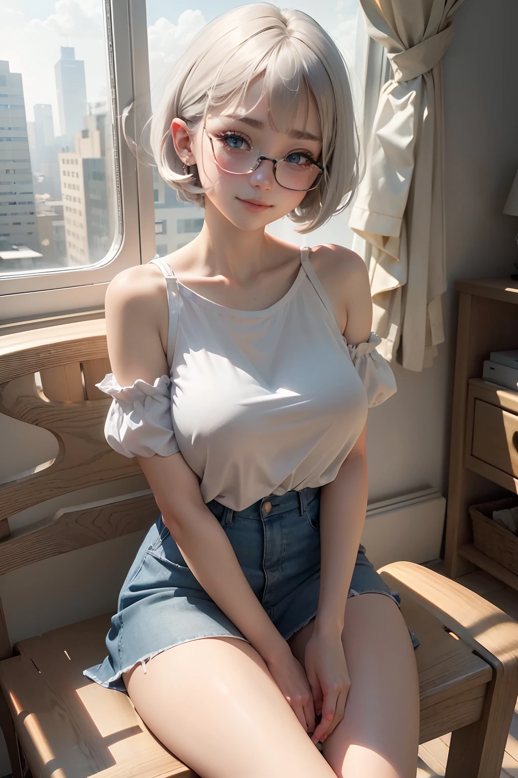 Raw photography, top-quality, masterpiece, extremely delicate and beautiful, ighly detailed, nffsw, Unity, 8K Picture Wallpaper, amazingly detail, detaile, masterpiece, top-quality, Official art, Highly detailed ticker Unity 8k wallpaper, ultra-detailliert, hight resolution, ighly detailed, Clair, Focus, (top-quality), (realisitic, Photorealsitic:1.2), 8K, Soft lighting, hightquality, lighting like a movie, 1girl in、Uzaki-chan(Annoyingly)、wears glasses、Short stature、Short、Chibi、Blue eyes、Light gray hair、Light gray hair、Hair is as long as your ears、Hair length to the ears、Length to the ears、Hair is trimmed at the ears、Hair length to the ears、2 Block Shorthair、Berry Berry Berry Shortcut、One-length bob hair、Short bob hair、very, very, Very short hair、Blue eyes、blue eyess、tthin eyebrows、very, very, Very big eyes、Eyes of Manga、dual、gazing at viewer、Do your audience a favor、You like、red tide、Dye cheeks、A smile、Angelic smile、Innocent smile、with a cute、Attractive eyes、salvador、White T-shirt、I don't wear underwear.、no-bra、super giant breast、Colossal tits、Tense udder、Cracked chest、a miniskirt、Leather shoes、University buildings、Inside the school building、sit a chair、M-shaped legs、Daytime、