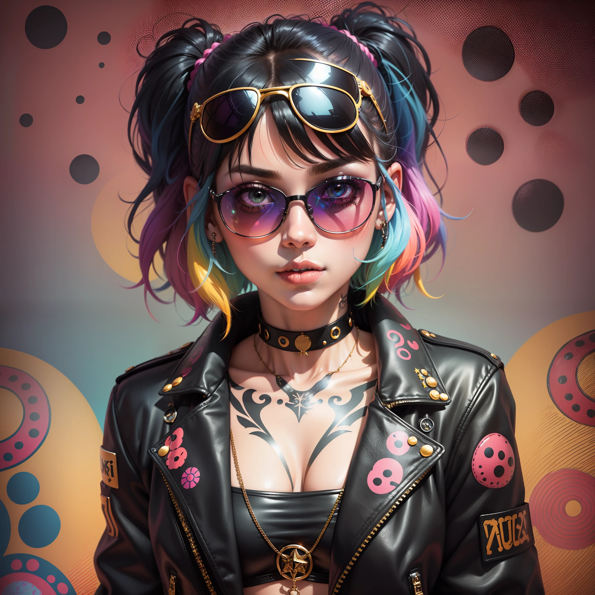 (1girll）wearing a choker，with tattoos, sunglasses, Black leather jacket,Psychedelic punk artist，Vivid colors, rim-light, trending on artstationh, Yayoi Kusama's pop art style, iintricate, High detail