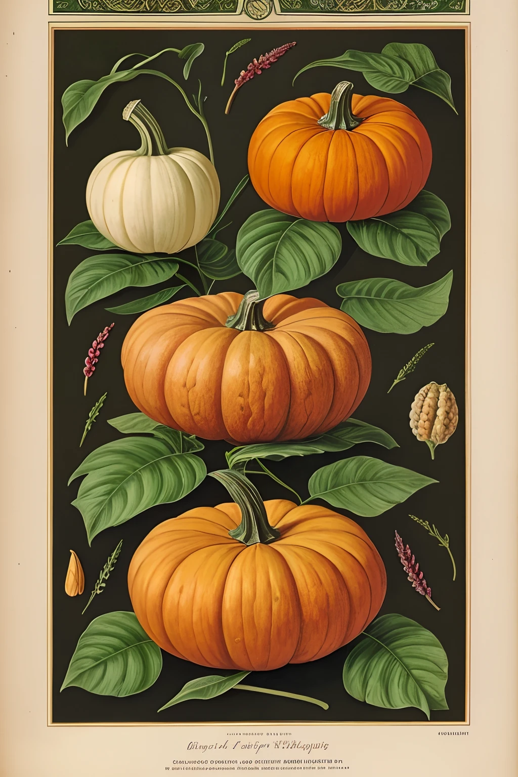 Vintage Victorian style　Precise botanical encyclopedia (best quality:1.2), (detailed:1.2), (masterpiece:1.2), vintage botanical illustrations of pumpkins