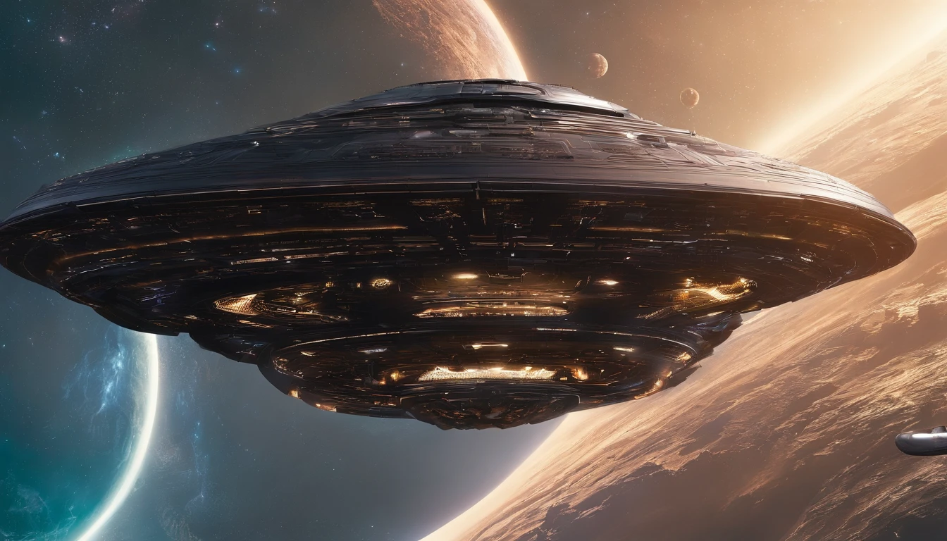 Huge 5 alien warships，Extreme light and shadow，（Ultimate texture1.5），Super light and shadow reflection，The details stand out，The golden light is dazzling，Full sci-fi feel，Extreme shadows，8K，Real Nebula，Photographed by the Webb telescope，（A very different style from netmaps1.3）