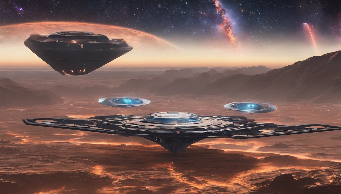 Huge 5 alien warships,Extreme light and shadow,(Ultimate texture1.5),Super light and shadow reflection,The details stand out,The golden light is dazzling,Full sci-fi feel,Extreme shadows,8K,Real Nebula,Photographed by the Webb telescope,(A very different style from netmaps1.3)