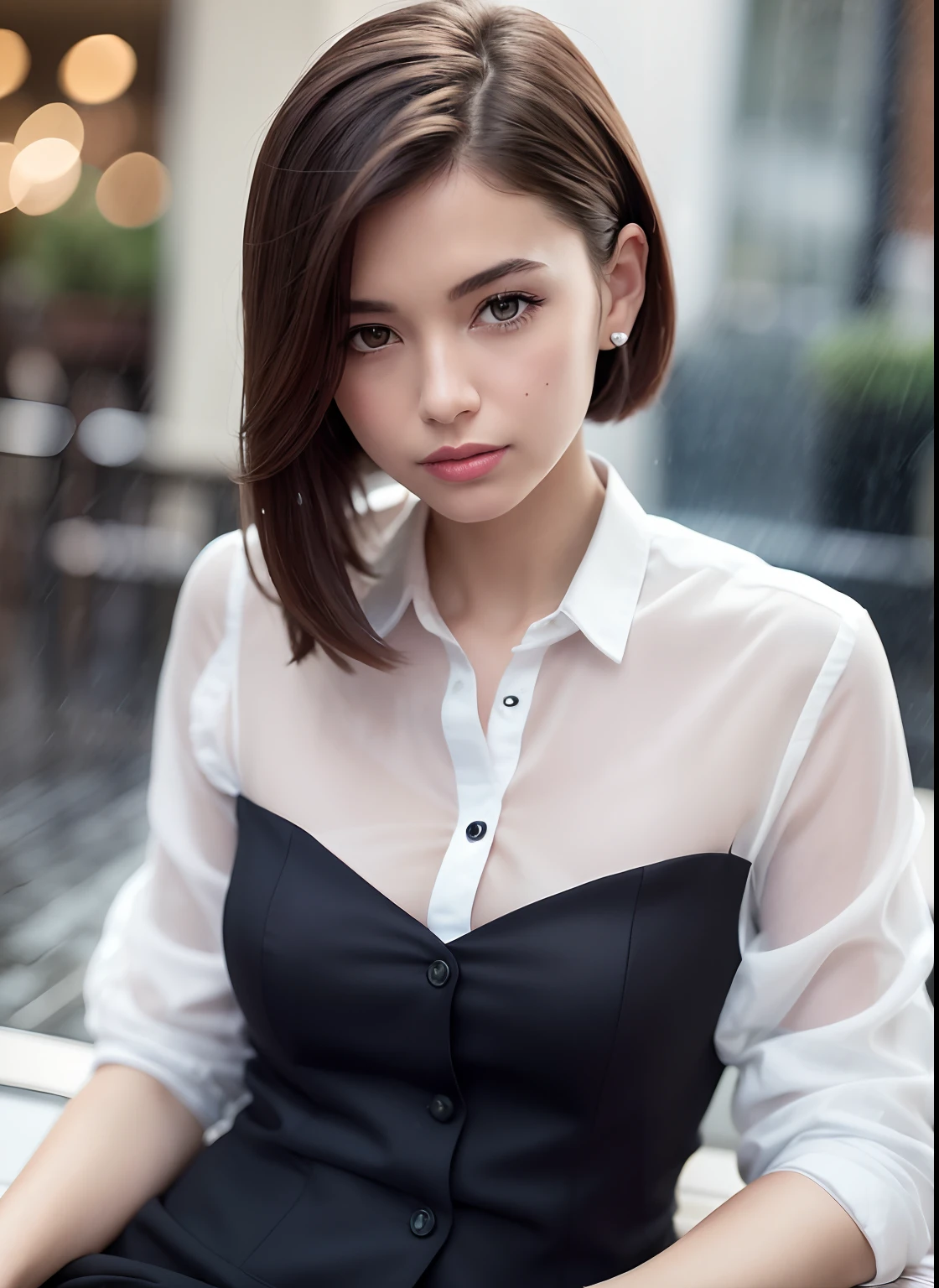 (8k, Best Quality, Masterpiece: 1.2), (Realistic, Photorealistic: 1.37), Super Detailed, 1 Girl, Cute, Alone, Beautiful Detailed Sky, Detailed Cafe, Night, Sitting, Date, ( Nose blush), (smile: 1.15), (close mouth) small breasts, beautiful details, (collared shirt: 1.1), night, wet, business wear, rain, white lace, (short hair: 1.2), floating Hair NovaFrogStyle,
