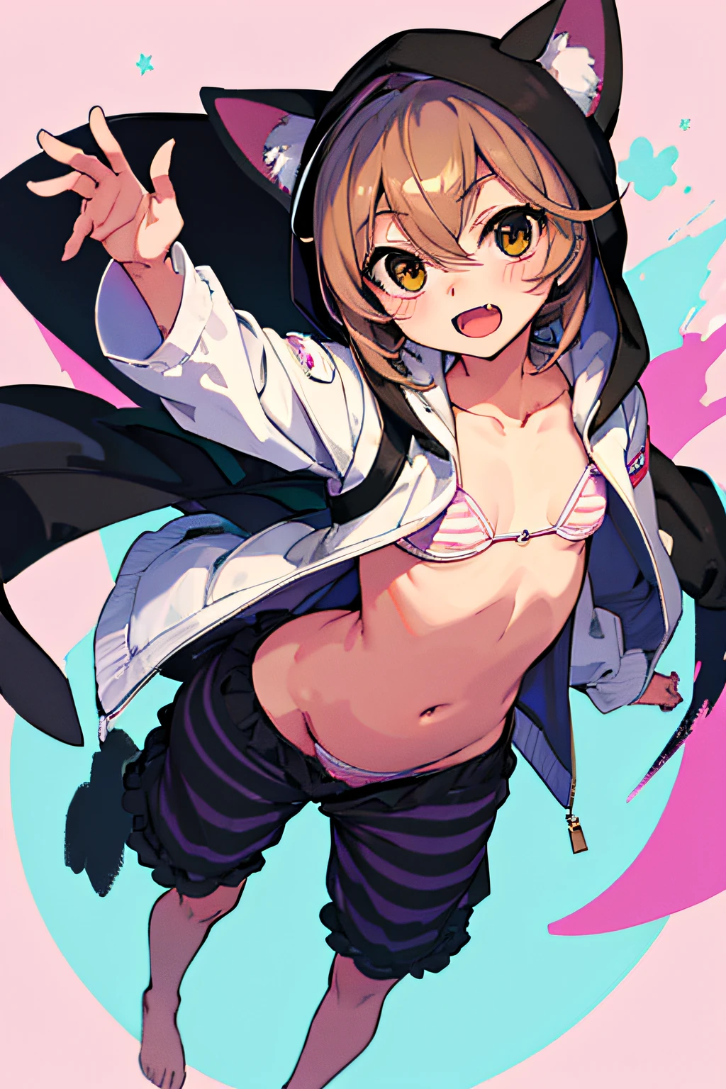super fine illustration, solo, dynamic angle, an extremely cute and beautiful girl, highly detailed beautiful face and eyes, (masterpiece:1.2), (best quality:1.2), (4K wallpaper:1.2), look at viewer, a cartoon girl wearing a suit, 1girl, solo, striped, bra, training bra, fang, brown hair, green eyes, short bob hair, flat chest, navel, hood, smile, hood up, panties, outstretched arms, open mouth, + +, underwear, striped panties, :d, pajamas, (onesie pajamas:0.7), (black and white pajamas:1.2), (dog ear pajamas:1.3), (tan marking eyes chihuahua pajamas:1.2), (full body:1.0), jyojipan, cotton panties, kawaiitech, pastel colors, kawaii, cute colors, jyojipan, cotton panties, kawaiitech, pastel colors, kawaii, cute colors