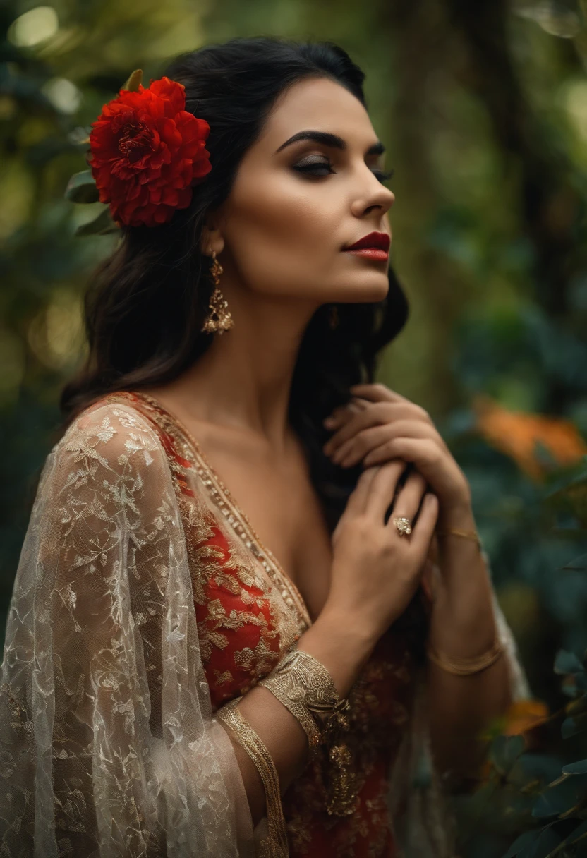 Mulher alta com os peitos nua, numa floresta, com lobos ao redor dela famintos