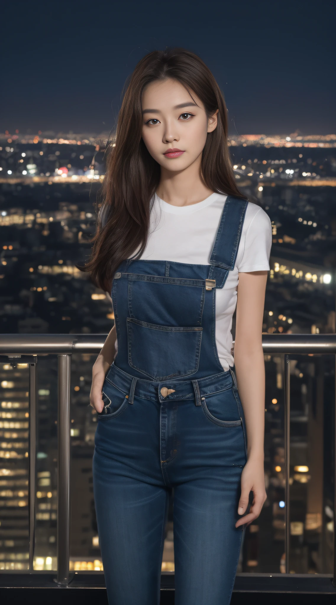 ((Midnight, Best quality, 8k, Masterpiece :1.3)), Whole body, Long legs, Sharp focus :1.2, A pretty woman with perfect figure :1.4, Slender abs :1.1, ((Dark brown hair, Big breasts :1.2)), (White tight tshirt, Jean bib, Standing:1.2), ((Night city view, Rooftop:1.3)), Highly detailed face and skin texture, Detailed eyes, Double eyelid