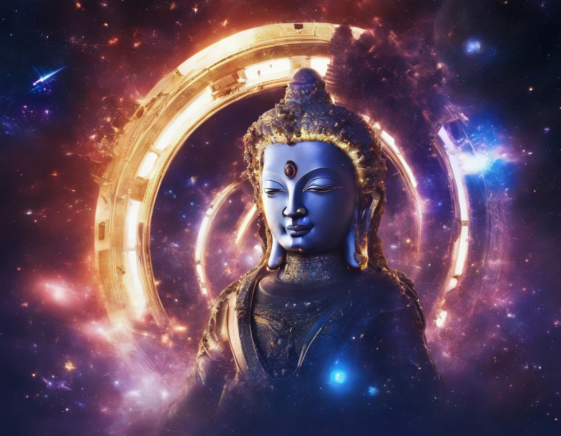 Interstellar，Endless space，The huge Maitreya Buddha statue rushed towards the huge space-time tunnel，ssee-through，depth of fields，((Masterpiece))，(Best quality))，Magnificent space image scene，surrealism, Super detail, ccurate, Best quality, hyper HD, Masterpiece, Anatomically correct, A high resolution, 16k