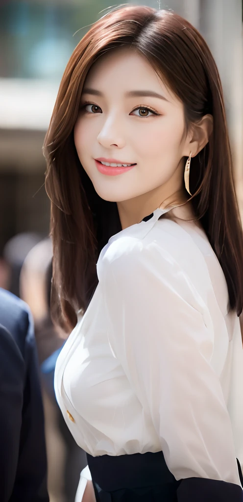 Close up,((face focused)),Detailed details,、high resolution、high quality、Perfect dynamic composition、Beautiful detailed eyes、Natural Color Lip、1 persons、Transparent skin、Glowing hair、smiling,masterpiece、Best Quality、finely detail、high resolution、8K、The correct state of the human body、She wears a navy blue long knit dress、randome pose、Gravure Model Pose、Hair soaring in the wind