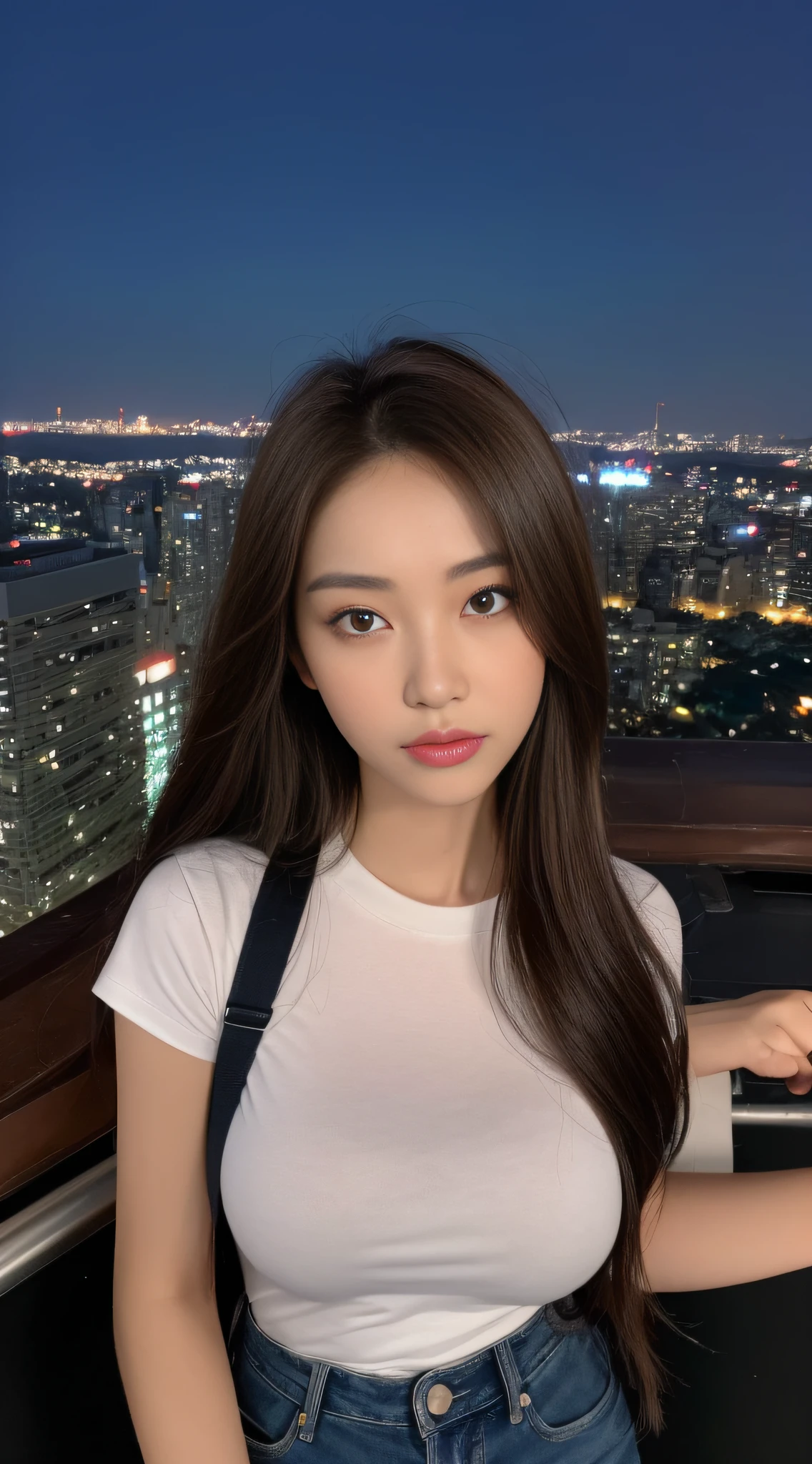 ((Midnight, Best quality, 8k, Masterpiece :1.3)), Whole body, Long legs, Sharp focus :1.2, A pretty woman with perfect figure :1.4, Slender abs :1.1, ((Dark brown hair, Big breasts :1.2)), (White tight tshirt, Jean bib, Standing:1.2), ((Night city view, Rooftop:1.3)), Highly detailed face and skin texture, Detailed eyes, Double eyelid