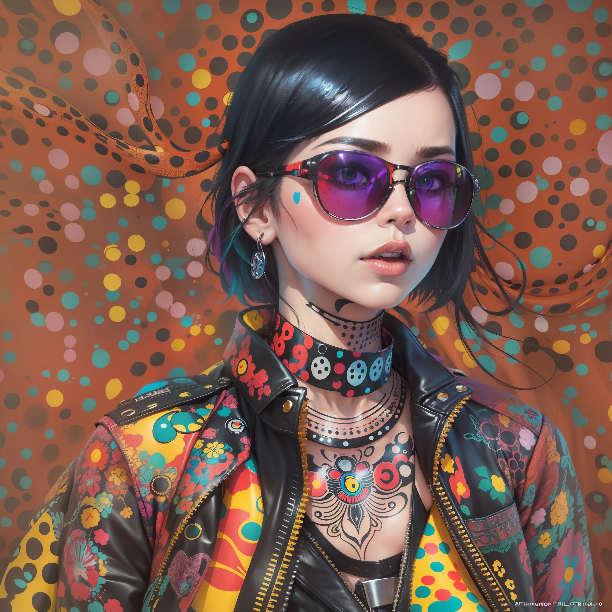 (1girll)wearing a choker,with tattoos, sunglasses, Black leather jacket,Psychedelic punk artist,Vivid colors, rim-light, trending on artstationh, Yayoi Kusama's pop art style, iintricate, High detail