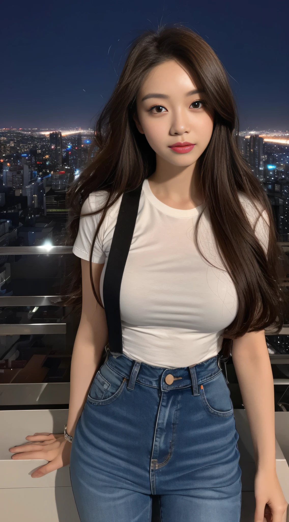 ((Midnight, Best quality, 8k, Masterpiece :1.3)), Whole body, Long legs, Sharp focus :1.2, A pretty woman with perfect figure :1.4, Slender abs :1.1, ((Dark brown hair, Big breasts :1.2)), (White tight tshirt, Jean bib, Standing:1.2), ((Night city view, Rooftop:1.3)), Highly detailed face and skin texture, Detailed eyes, Double eyelid