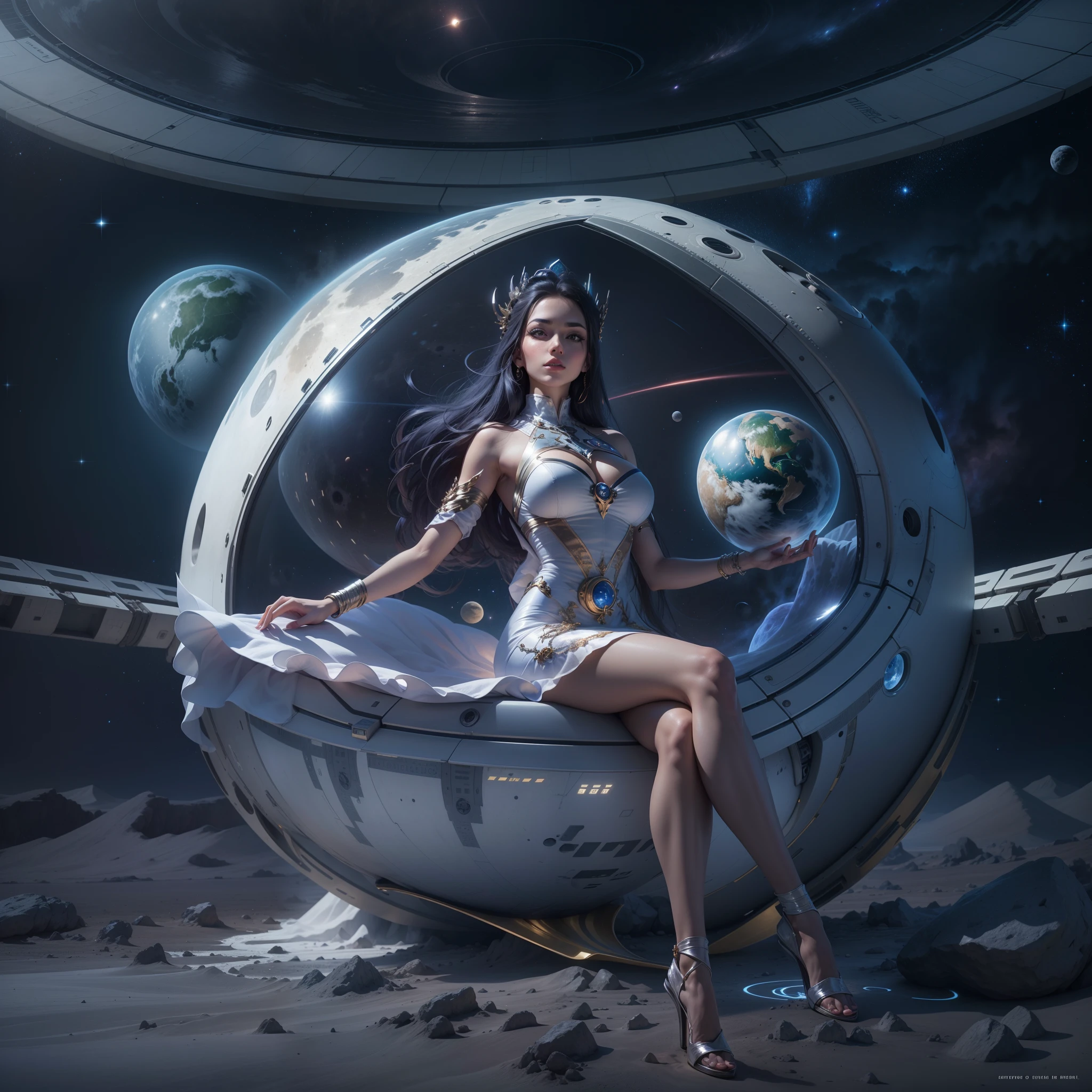 Outer space, a stunning beauty relaxing on the moon, the goddess of the moon, a dress with a moon pattern, abundant breasts and slender legs, unparalleled beauty, the goddess of beauty, and behind the goddess is a cool alien bodyguard. Masu, spaceship, advanced technology not found on earth, spherical spaceship, high image quality, high quality, photorealistic, realistic,