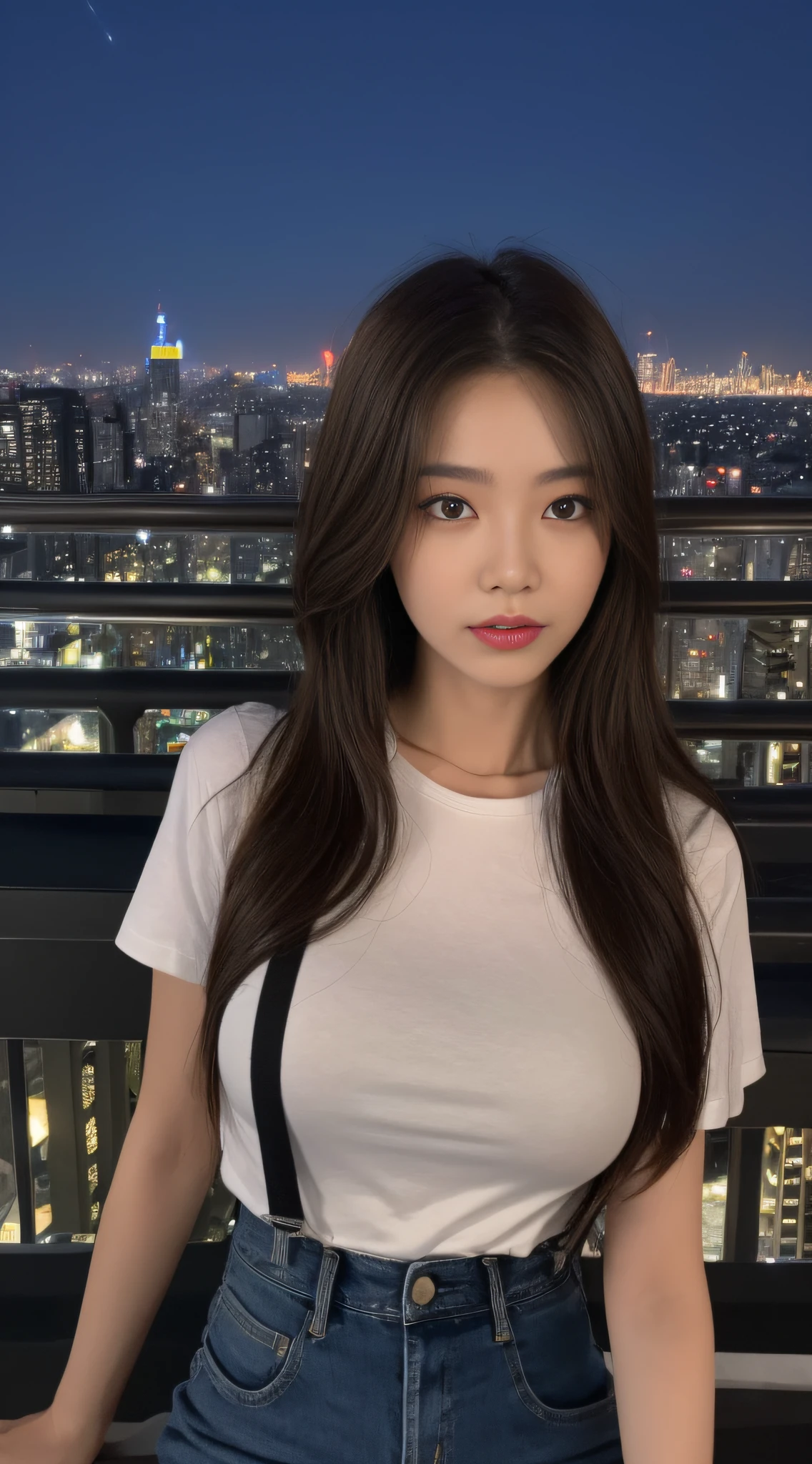 ((Midnight, Best quality, 8k, Masterpiece :1.3)), Whole body, Long legs, Sharp focus :1.2, A pretty woman with perfect figure :1.4, Slender abs :1.1, ((Dark brown hair, Big breasts :1.2)), (White tight tshirt, Jean bib, Standing:1.2), ((Night city view, Rooftop:1.3)), Highly detailed face and skin texture, Detailed eyes, Double eyelid