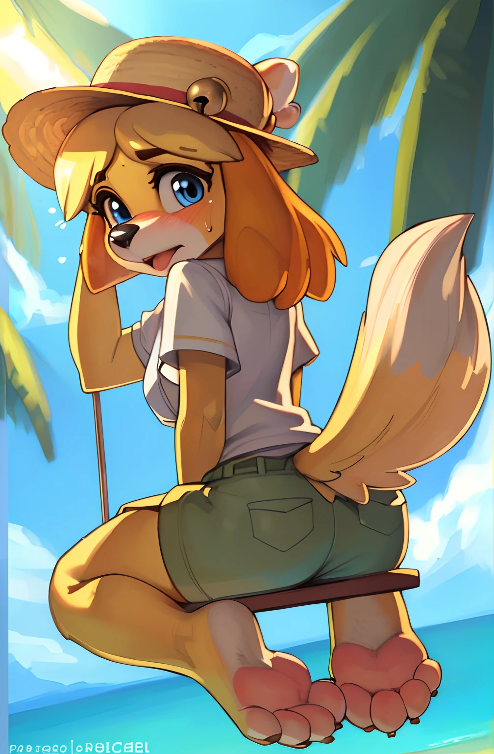 [isaCrossing], [Isabelle; Animal Crossing], [Uploaded to e621.net; (Pixelsketcher), (wamudraws)], ((masterpiece)), ((solo portrait)), ((back view)), ((feet visible)), ((furry; anthro)), ((detailed fur)), ((detailed shading)), ((beautiful render art)), {anthro; (yellow fur, black nose), small brown eyebrows, cute surprised blue eyes, mouth open, (blushing), (sweat on face), blonde hair, fluffy tail, (beautiful feet)}, {(straw hat), (bells on hat), (white button-up shirt), small boobs, (khaki shorts)}, {(sitting), (looking back), (pigeon-toed)}, [background; (tropical trees), (safari), (sun rays)]