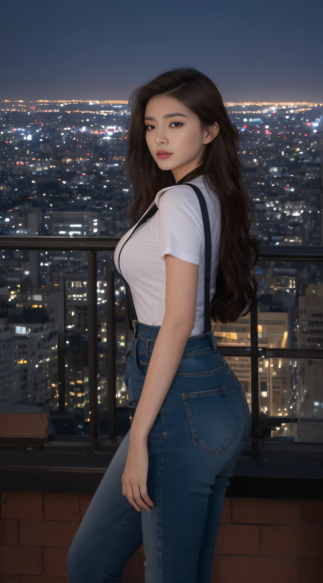 ((Midnight, Best quality, 8k, Masterpiece :1.3)), Whole body, Long legs, Sharp focus :1.2, A pretty woman with perfect figure :1.4, Slender abs :1.1, ((Dark brown hair, Big breasts :1.2)), (White tight tshirt, Jean bib, Standing:1.2), ((Night city view, Rooftop:1.3)), Highly detailed face and skin texture, Detailed eyes, Double eyelid