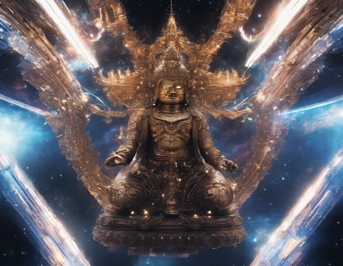 Interstellar，Endless space，The huge Maitreya Buddha statue rushed towards the huge space-time tunnel，ssee-through，depth of fields，((Masterpiece))，(Best quality))，Magnificent space image scene，surrealism, Super detail, ccurate, Best quality, hyper HD, Masterpiece, Anatomically correct, A high resolution, 16k