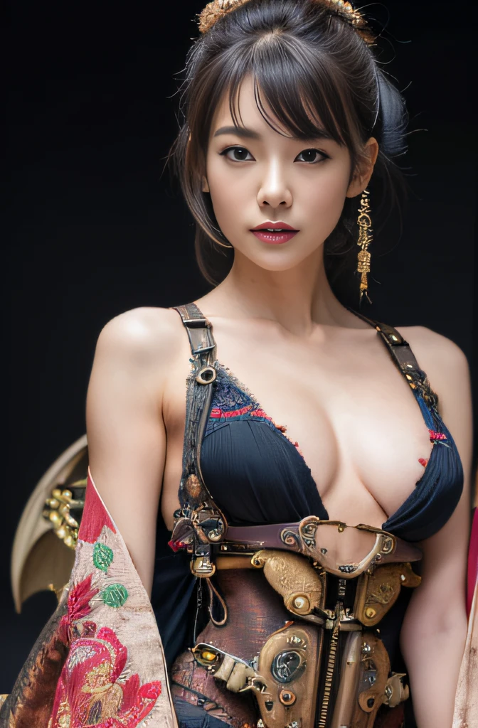 (masterpiece:1.2), ultra detailed, ultra high res, (realistic, photo realistic:1.37), high detail RAW color photo, professional photograph, an extremely delicate and beautiful, extremely detailed, 8k wallpaper, Amazing, finely detail, huge file size, extremely detailed beautiful girl, extremely detailed face, extremely detailed eyes, extremely detailed skin, extremely detailed fingers, extremely detailed nose, extremely detailed mouth, perfect anatomy, highly detailed background, (a famous actress of Japan:1.2), (gyaru:1.1), (flat chest:1.7), Dynamic lighting, (Steampunk:1.45), full body, (kimono with dragon embroidery:1.3), black background, bare shoulders, (dynamic pose:1.5)