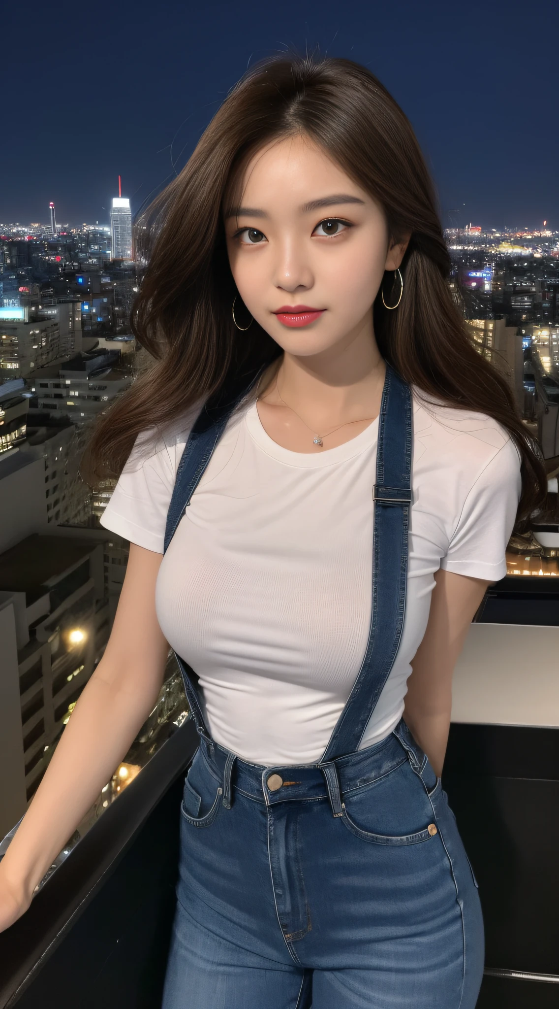 ((Midnight, Best quality, 8k, Masterpiece :1.3)), Whole body, Long legs, Sharp focus :1.2, A pretty woman with perfect figure :1.4, Slender abs :1.1, ((Dark brown hair, Big breasts :1.2)), (White tight tshirt, Jean bib, Standing:1.2), ((Night city view, Rooftop:1.3)), Highly detailed face and skin texture, Detailed eyes, Double eyelid