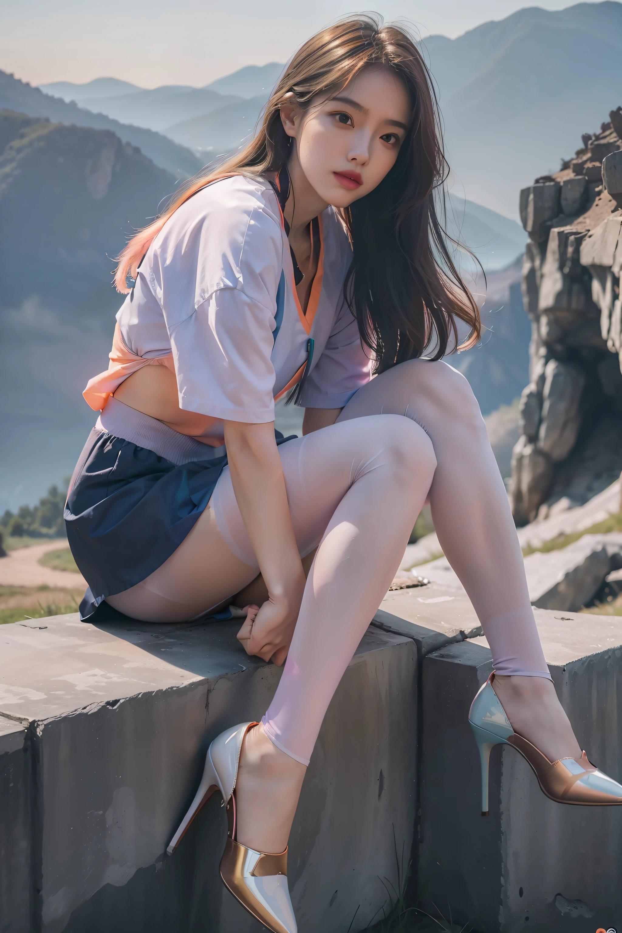 (full body:1.5)，(1girl:1.3),(view the viewer:1.4)，(anatomy correct:1.4),(sitting on the top of mountain:1.2),(Wearing a nurse set:1.2),(Opaque pantyhose:1.3),( girl pointed thick heels :1.1)，((purplish color | blue colors | in pink | greys |white colors  |black in color | orange colors | green color | cyan colors | golden colors | khaki | Salmon colors):1.2),(Accurate and perfect face:1.3),(Long legs:1.3),hyper HD, Ray traching, reflective light， structurally correct, Award-Awarded, high detail, lighten shade contrast, Face lighting ，cinematic lighting, masterpiece, super detailing, high quality, high detail, best quality, 16k，High contrast,