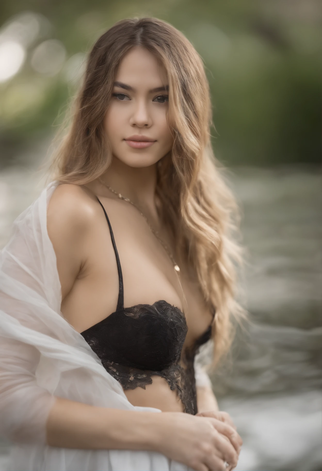 1girl in(13years), yui, The long-haired, boobplate, look at viewr, Blonde hair whole body, choker necklace, No shirts or bras, Lippen, Realistish, nase, Flirting with the camera、nakeness、teats