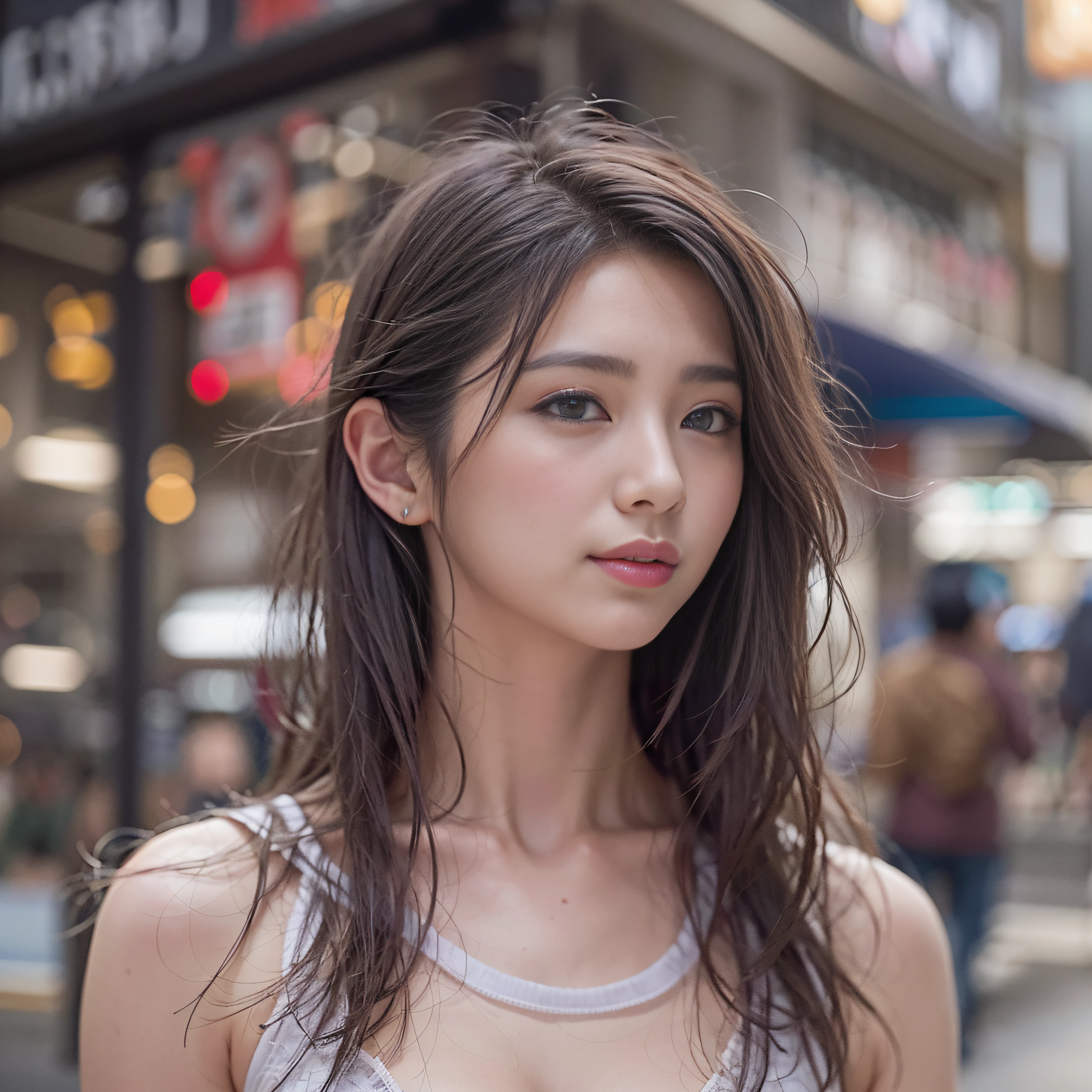 女の子1人、on tokyo street、A city scape、The upper part of the body、a closeup、A smile、、(8K、Raw photography、top-quality、​masterpiece:1.2)、(realisitic、photoRealstic:1.37)、Highly detailed eyelash drawing、(((Top image quality))),Colossal tits、Fine skin, (Beautiful hair), (Perfect Anatomy), (Realistic), (Dynamic Angle), Pose Seductive,Perfect,Sensual look、top-quality、hight resolution、