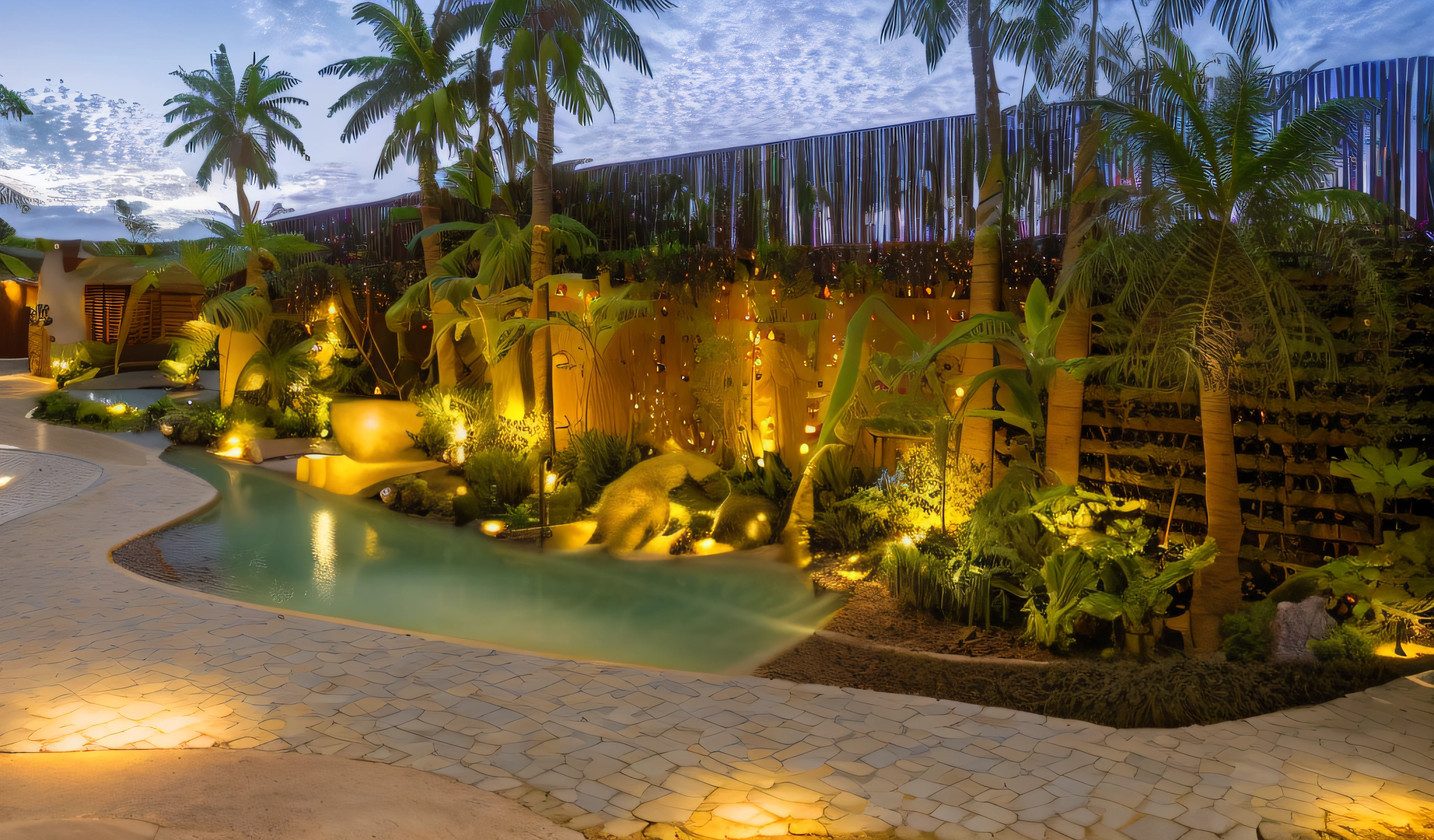 RAW photo,Masterpiece, high quality, best quality, authentic, super detail, 8k uhd, dslr, high quality,exterior,resort,philippines resort,bali living,nature,(fountain:1.4),On the right is a fence with climbing plants ,(create special projects:1.5)
(day:1.1), vivid colour, vray