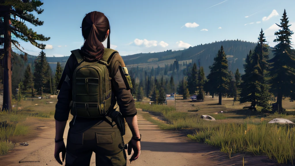 Female character design for dayz style survival game, in full height, frontal view, seen from behind, side-view, detailing