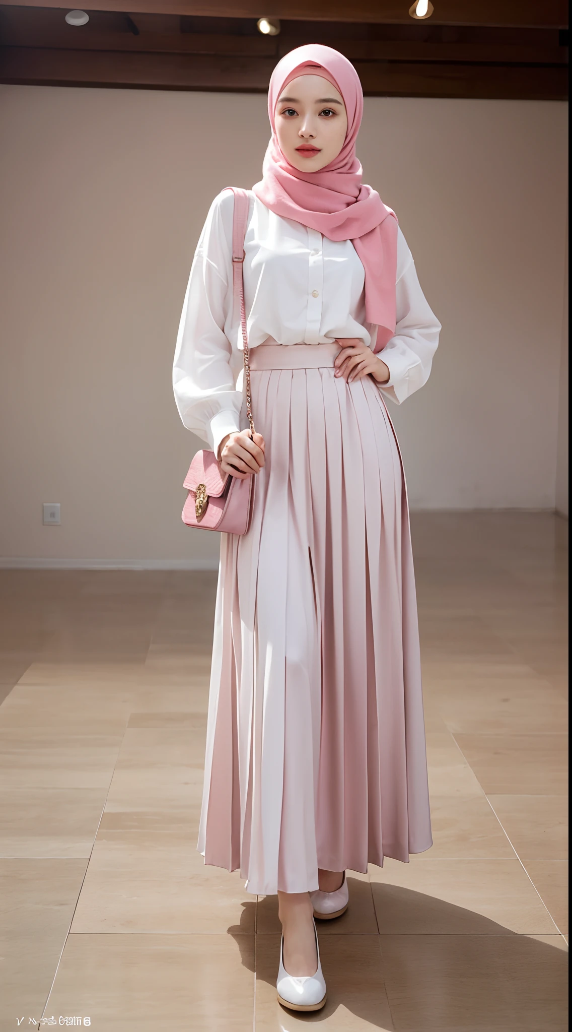 (Experienced Korean girl with a strong portfolio in Vogue, Elle, and Bazaar:1.6), (a light pink hijab, complements her skin:1.4), (Pastel outfits for different occasions:1.4), (Pastel-themed outfit:1.2), (Luxurious studio with pastel backdrops:1.4), (Emphasize elegance, femininity, and confidence in the model's radiant presence as she showcases a vibrant collection of pastel hijab-friendly outfits:1.8) BREAK
{(White blouse:1.2) | (Paired with a pink outer for added charm:1.4) and A (Light pink crossbody bag:1.2)} BREAK
{(Long white pleated skirt:1.2) | (floor length skirt, creating a graceful look:1.4)} BREAK
{(White slip-on shoes:1.2) | (Practical and versatile:1.4)} BREAK
{(Nikon D850 camera for high-resolution precision:1.4) |
(Employ softbox lights, diffusers, and reflectors for flattering lighting:1.6) | (Post-production with Adobe Photoshop and Lightroom for top fashion magazine standards:1.6) | (High-fashion editorial style:1.2)}