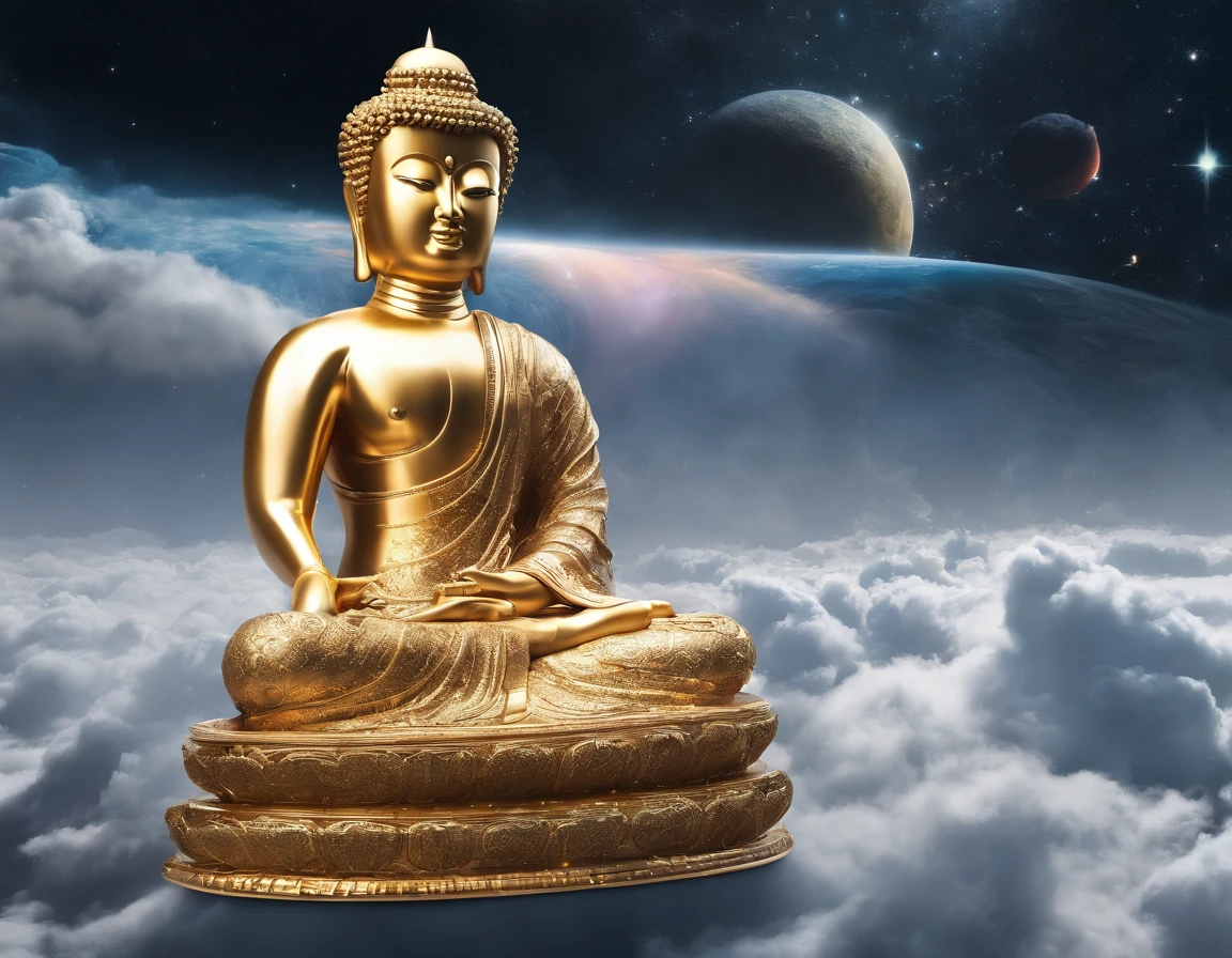 A huge golden Buddha statue rushed into the clouds,Pilgrims on the road,Light smile,China-style,In the distance, surrealism, stereograms, tachi-e, Atmospheric perspective, hyper photorealism, Cinematic lighting, god light, Super detail, ccurate, Best quality, Masterpiece, 16k, High details, A high resolution, Award-Awarded, Super detail, Anatomically correct
