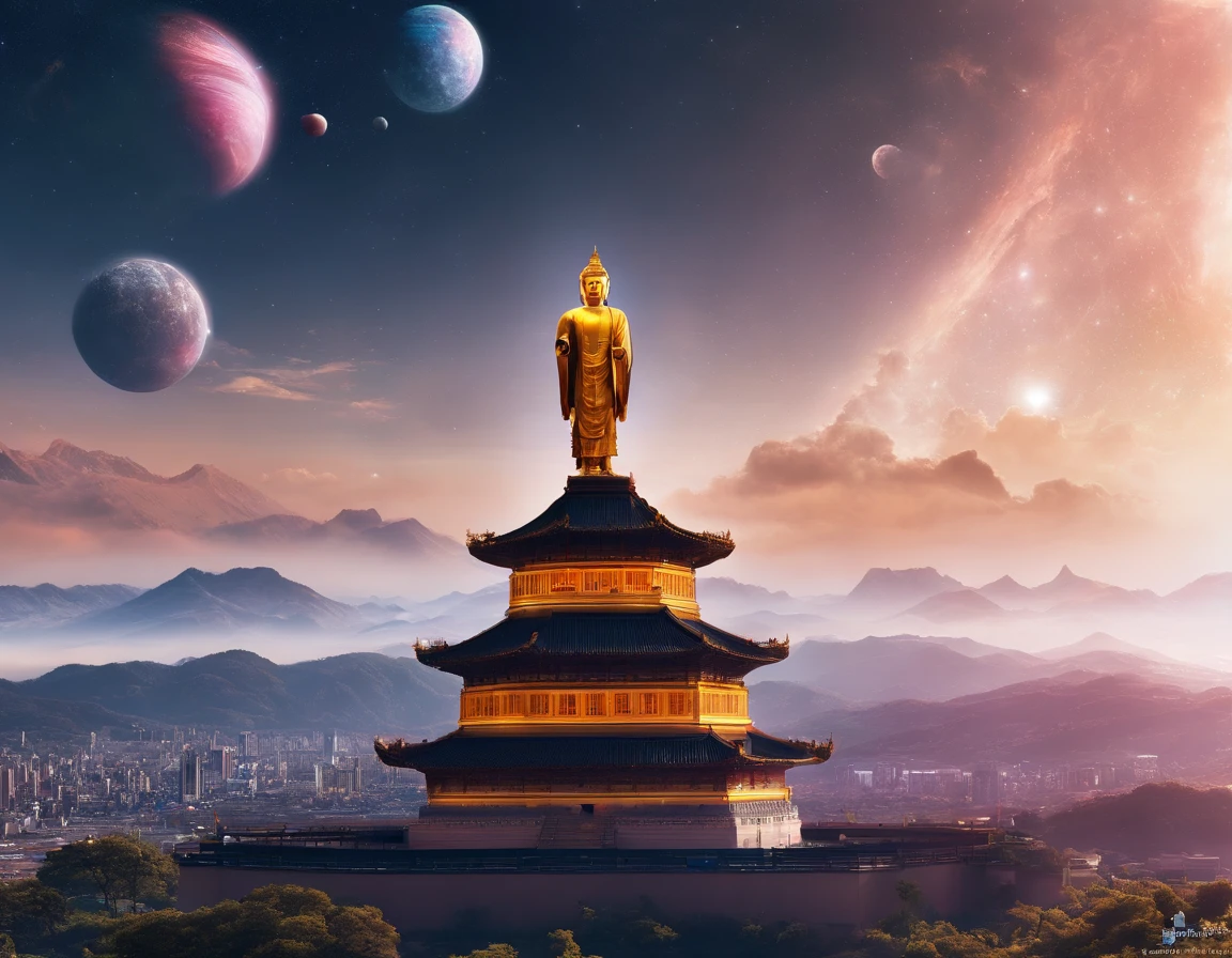 A huge golden Buddha statue rushed into the clouds，Pilgrims on the road，Light smile,China-style，In the distance, surrealism, stereograms, tachi-e, Atmospheric perspective, hyper photorealism, Cinematic lighting, god light, Super detail, ccurate, Best quality, Masterpiece, 16k, High details, A high resolution, Award-Awarded, Super detail, Anatomically correct